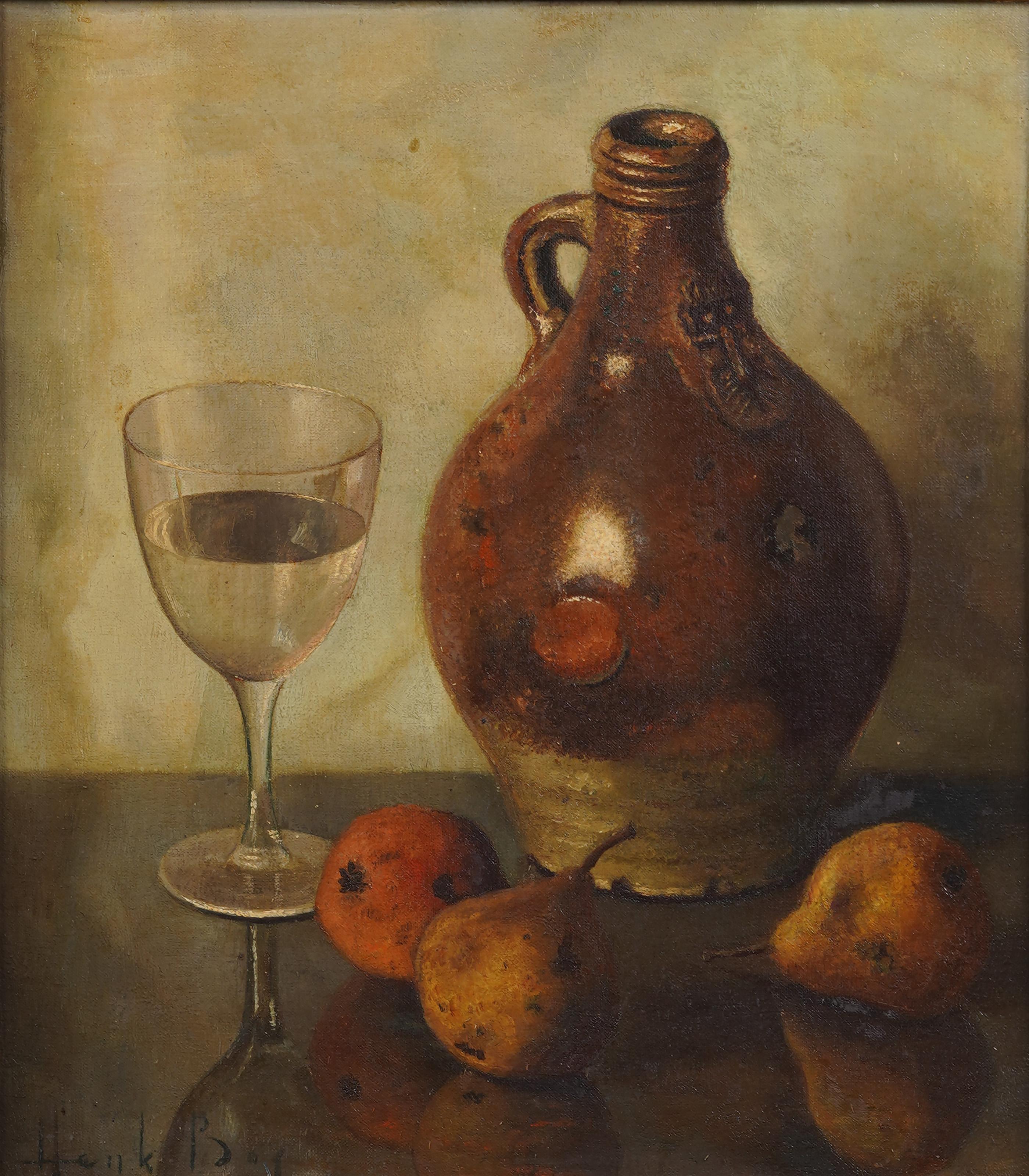 Vintage Modernist Fruit and Wine Table Top Still Life, pittura ad olio firmata - Painting Moderno di Henk Bos