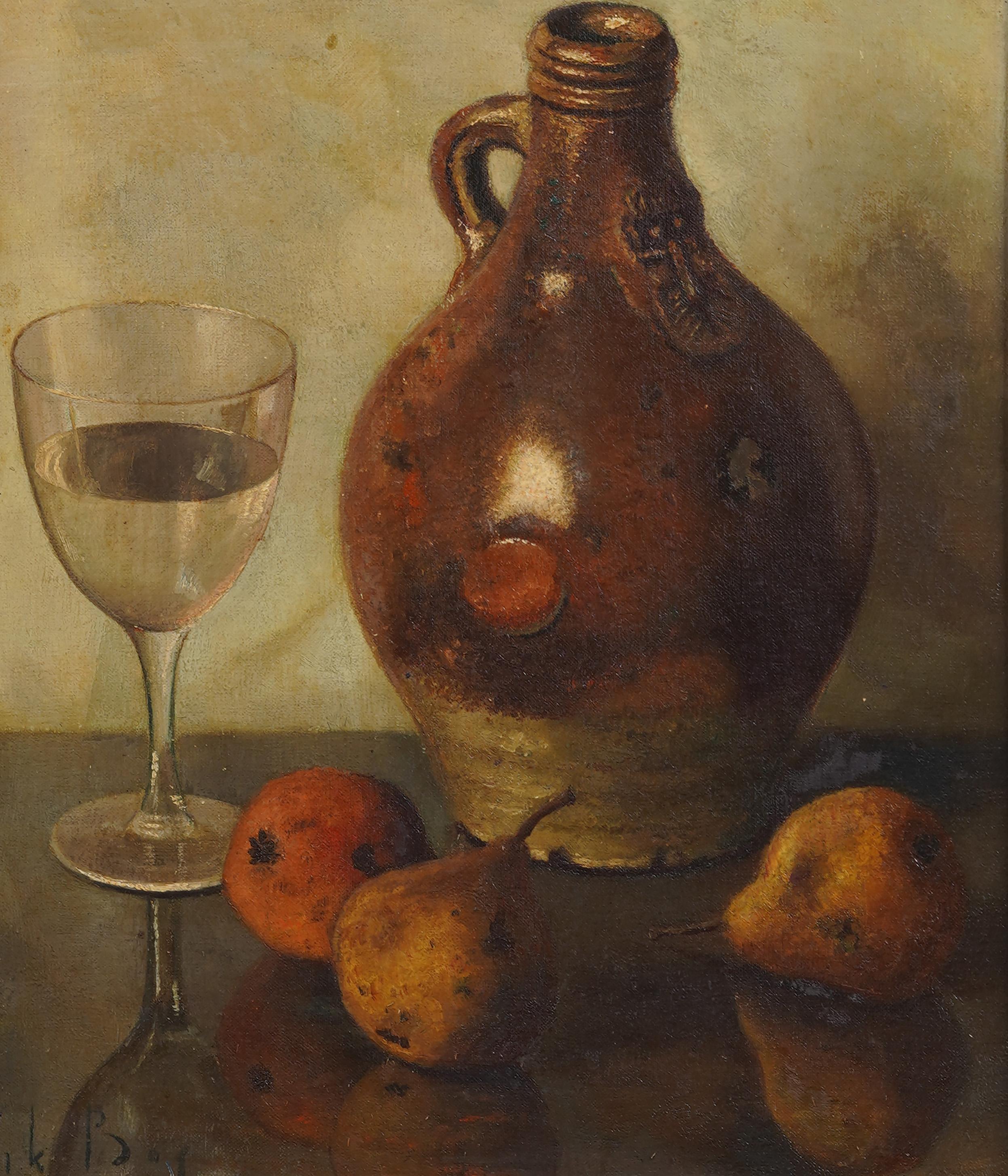 Vintage Modernist Fruit and Wine Table Top Still Life, pittura ad olio firmata 1