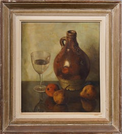 Vintage Modernist Fruit and Wine Table Top Still Life, pittura ad olio firmata