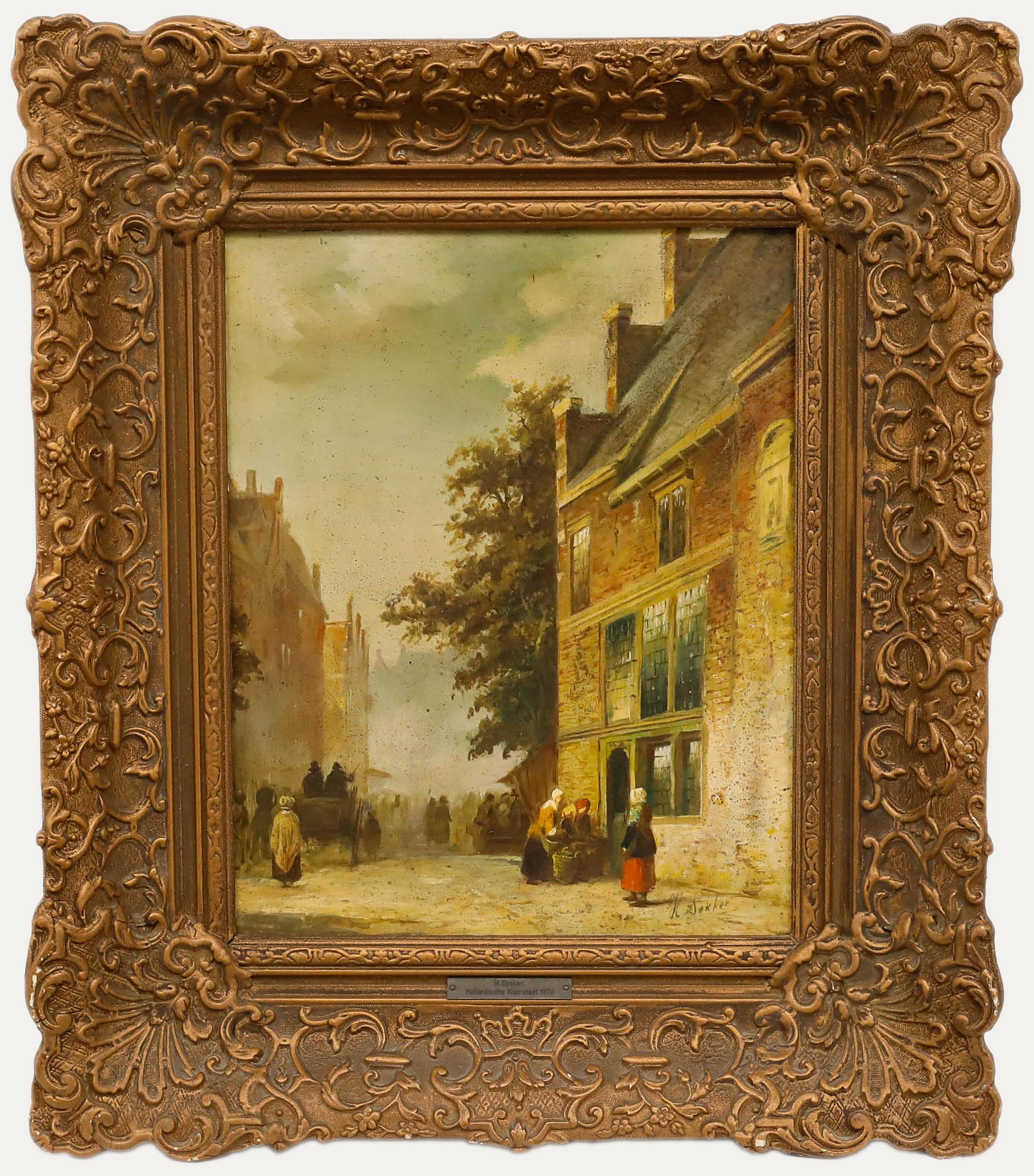 This atmospheric painting depicts a bustling street scene in a Dutch town, with brick buildings and a horse-drawn carriage creating a sense of depth. The artist skilfully uses light and shadow to capture the mood of a busy day, while small groups of