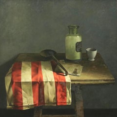 Nature morte avec toile rouge-blanc - Peinture à l'huile contemporaine du XXIe siècle