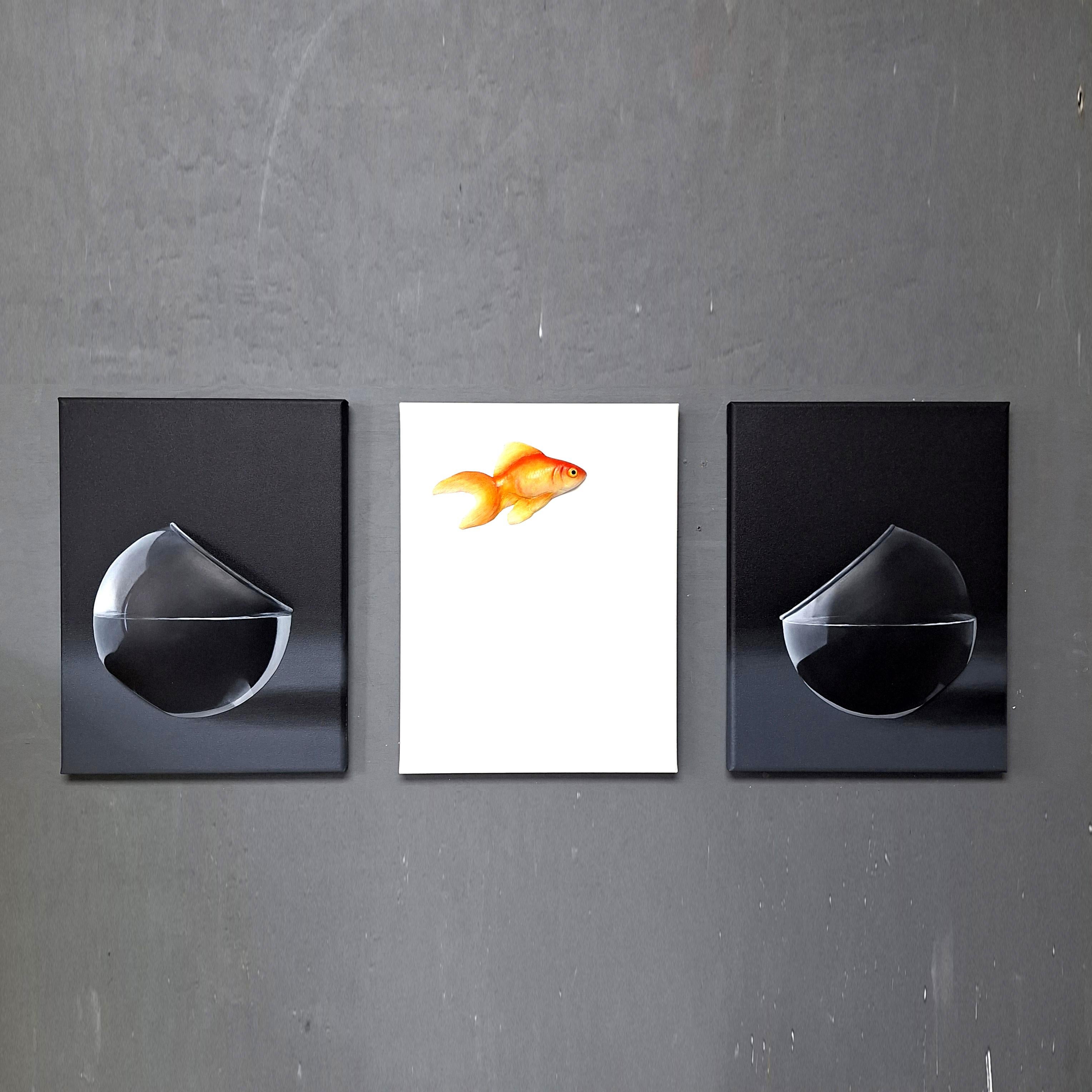 In "Leap of faith. Goldfish."Limited Edition of 8 by Henk Jan Sanderman, the artist ingeniously captures the essence of breaking free from the constraints of familiarity. Through a series of three canvases, Sanderman presents a whimsical journey of
