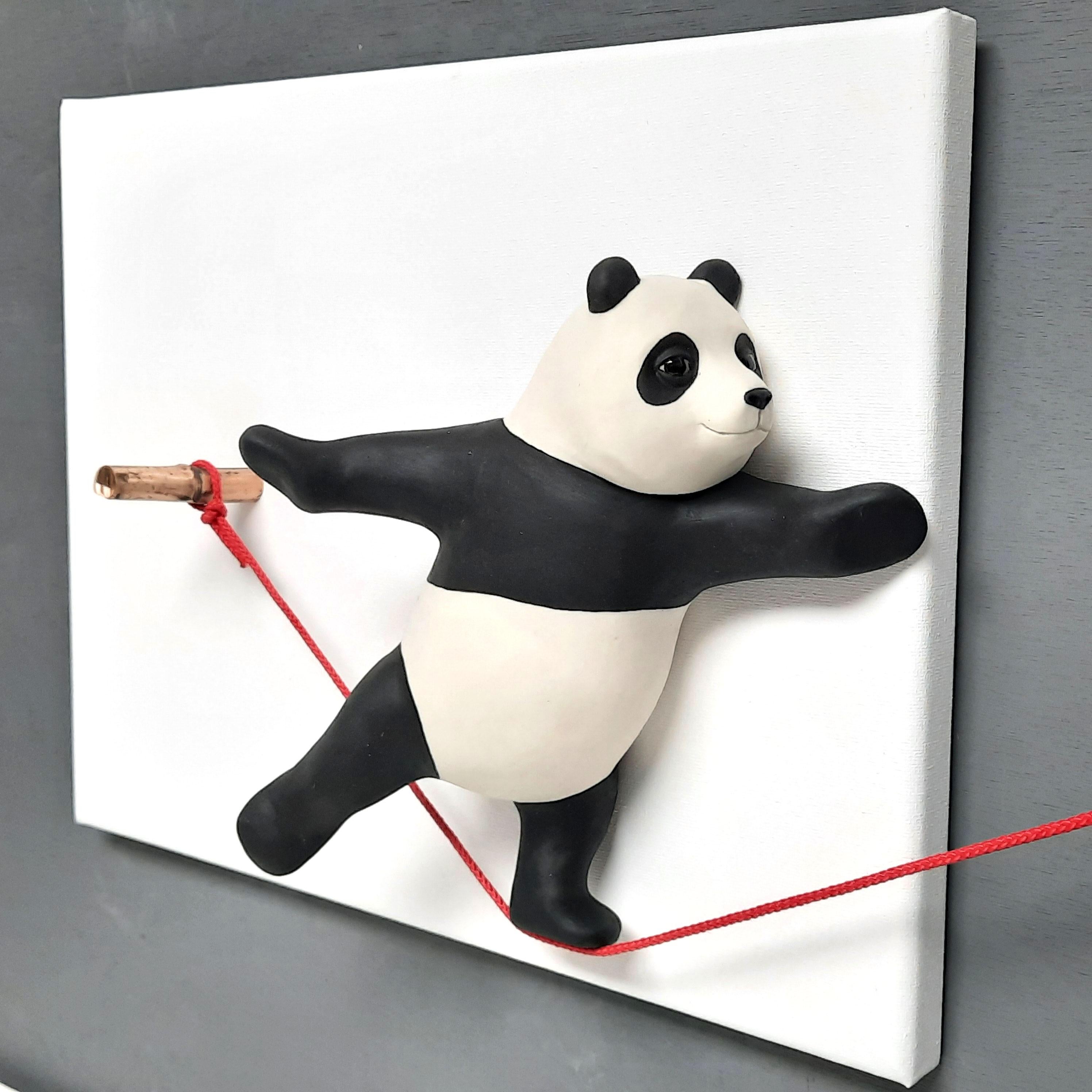 Leap of Faith II-original wildlife panda sculpture-painting-contemporary art - Contemporary Painting by Henk Jan Sanderman