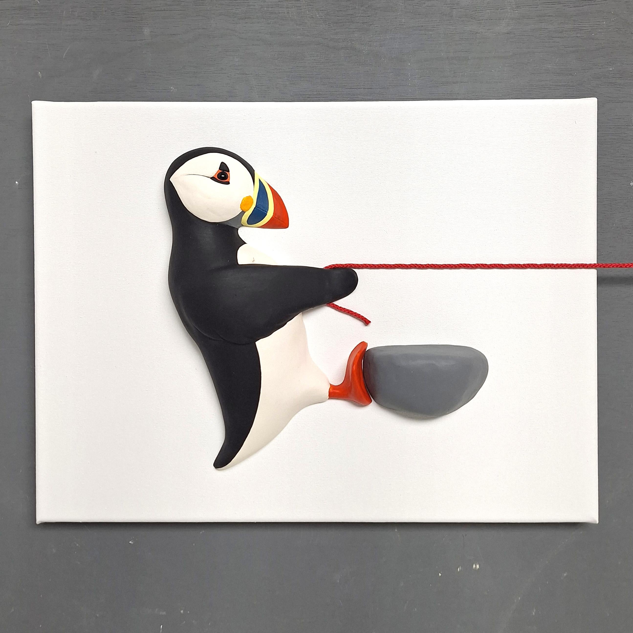 Pullin Puffins - original realism wildlife sculpture painting - contemporary Art - Modern Painting by Henk Jan Sanderman