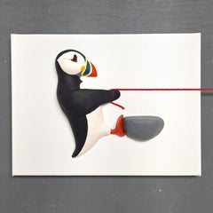 Pullin Puffins - original realism wildlife sculpture painting - contemporary Art