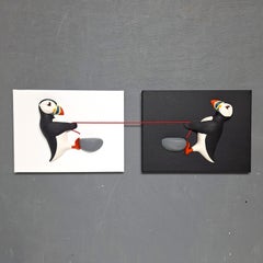 Pullin Puffins - original realism wildlife sculpture painting - contemporary Art