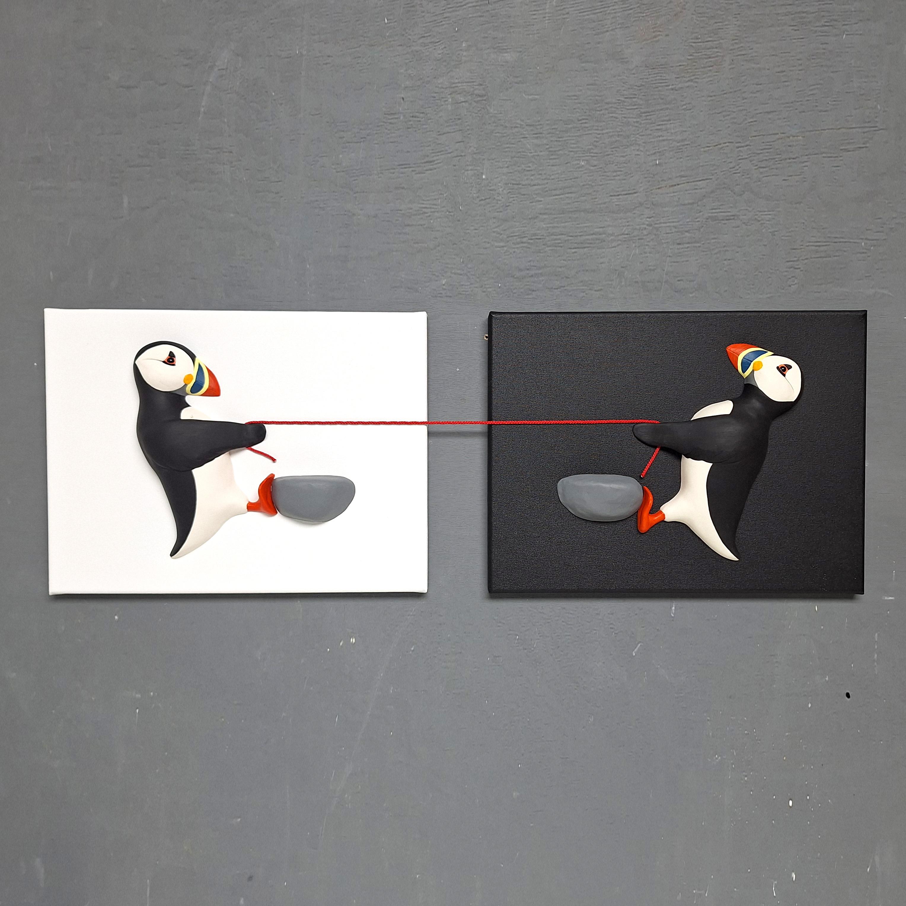 Pullin Puffins - original realism wildlife sculpture painting - contemporary Art