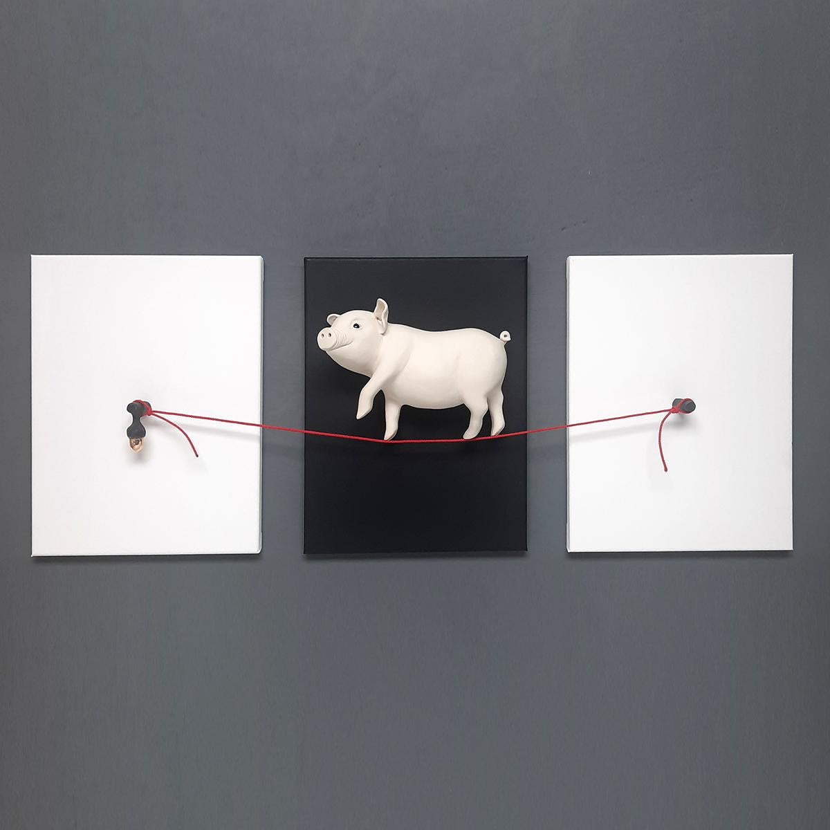 When Pigs Fly (Black-triptych)-original realism wildlife sculpture-contemporary  - Realist Painting by Henk Jan Sanderman