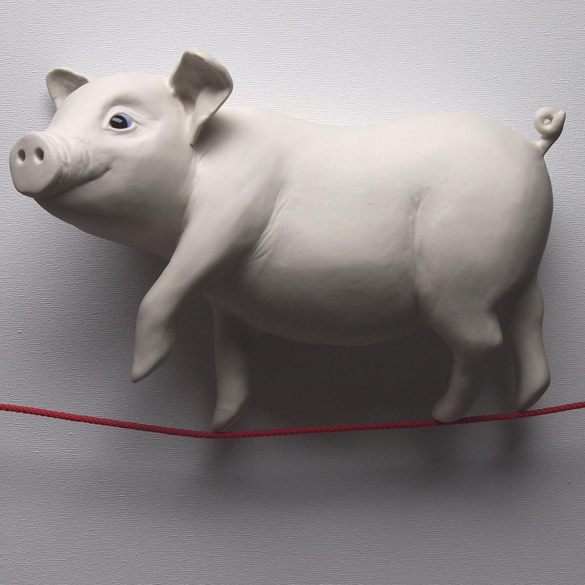 When Pigs Fly (White)-original realism wildlife sculpture-contemporary Artwork - Realist Sculpture by Henk Jan Sanderman