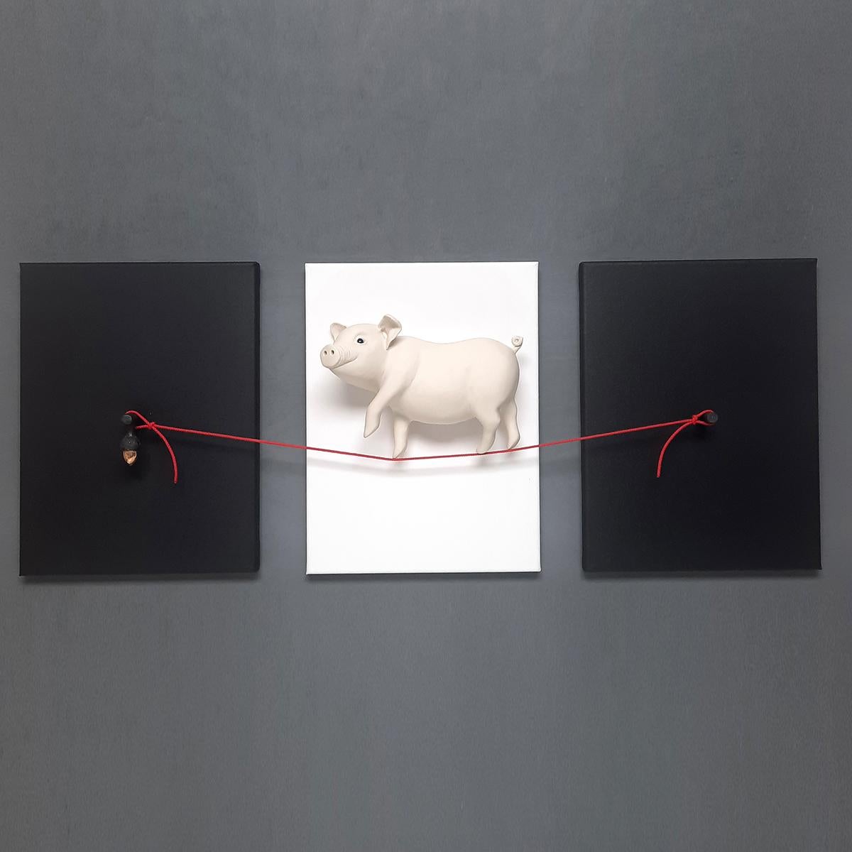 When Pigs Fly (White)-original realism wildlife sculpture-contemporary Artwork - Sculpture by Henk Jan Sanderman
