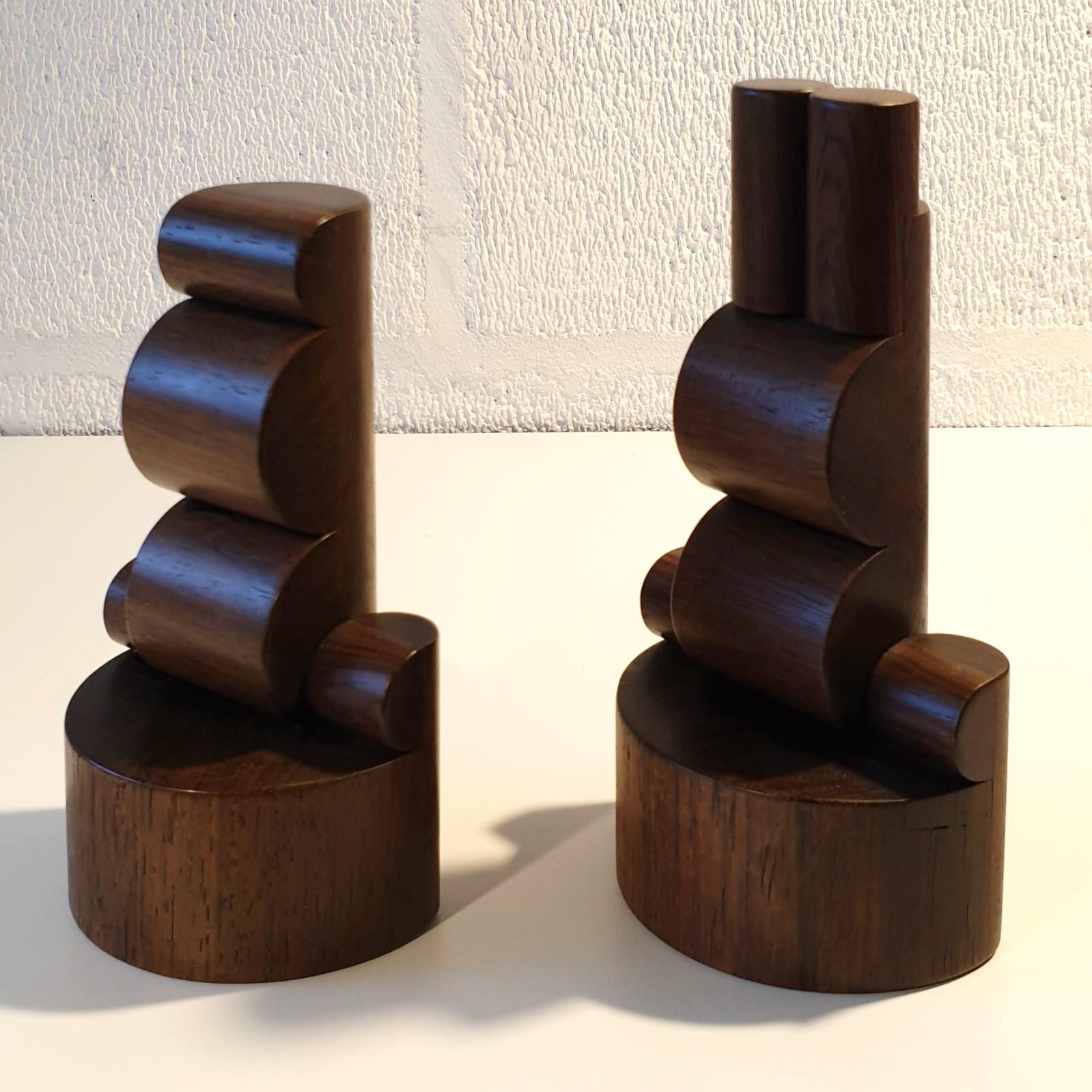 King & Queen - brown contemporary modern abstract geometric wood sculpture pair - Sculpture by Henk van Putten