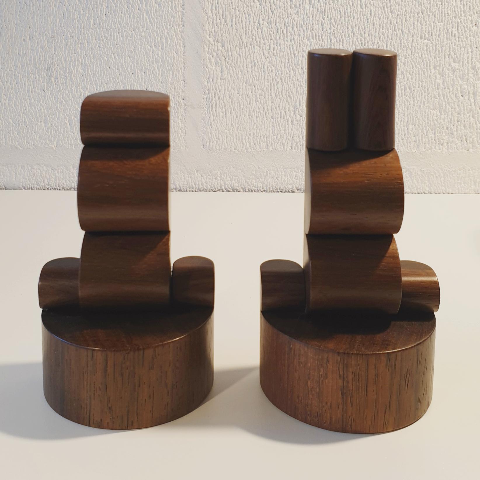 Henk van Putten Abstract Sculpture - King & Queen - brown contemporary modern abstract geometric wood sculpture pair