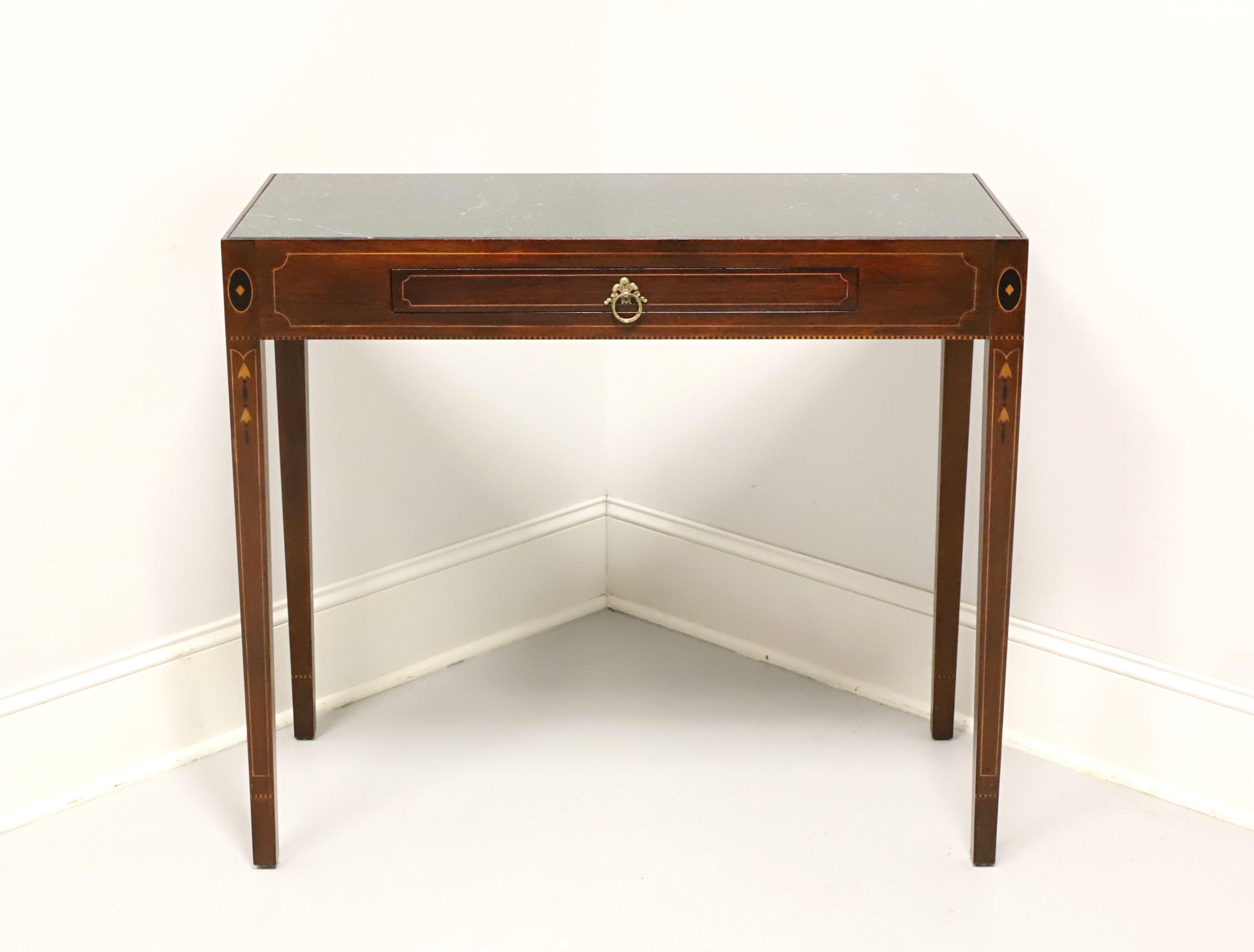 A Federal style console table by Henkel Harris, of Winchester, Virginia, USA. An authorized reproduction by the Museums of Historic Salem of a piece in their possession. Mahogany with inlaid marquetry, inset green marble top, brass hardware and
