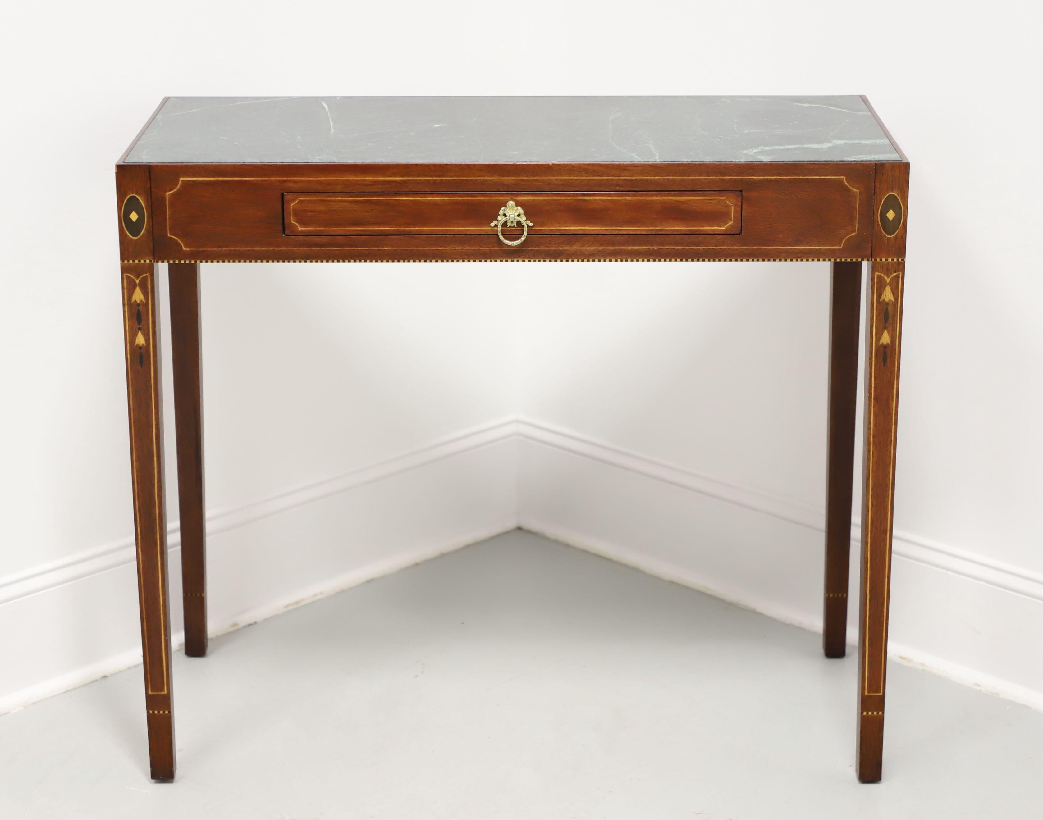 A Federal style console table by Henkel Harris, of Winchester, Virginia, USA. An authorized reproduction by the Museums of Historic Salem of a piece in their possession. Mahogany with inlaid marquetry, inset green marble top, brass hardware and