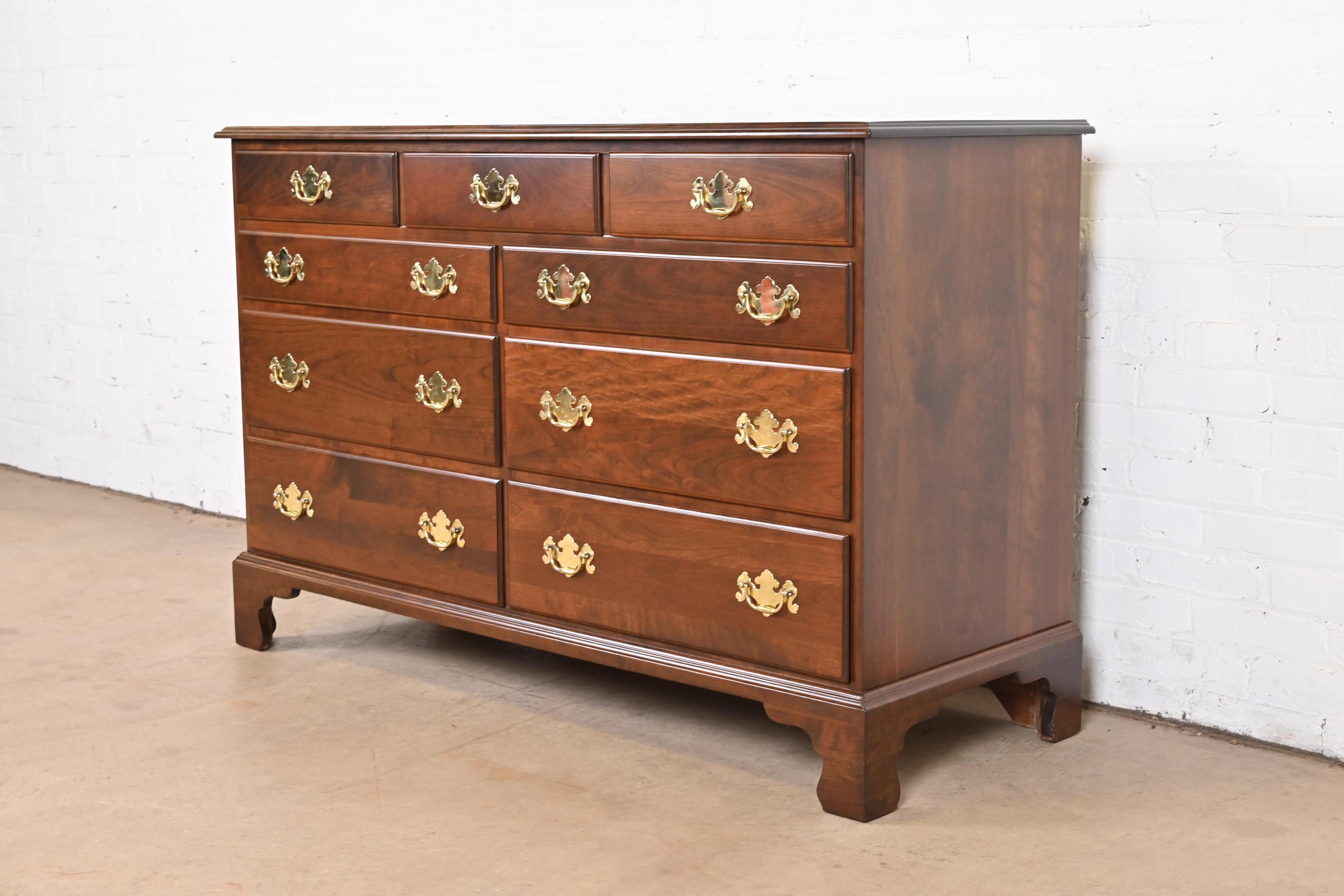 Late 20th Century Henkel Harris American Chippendale Solid Cherry Wood Dresser, Newly Refinished For Sale