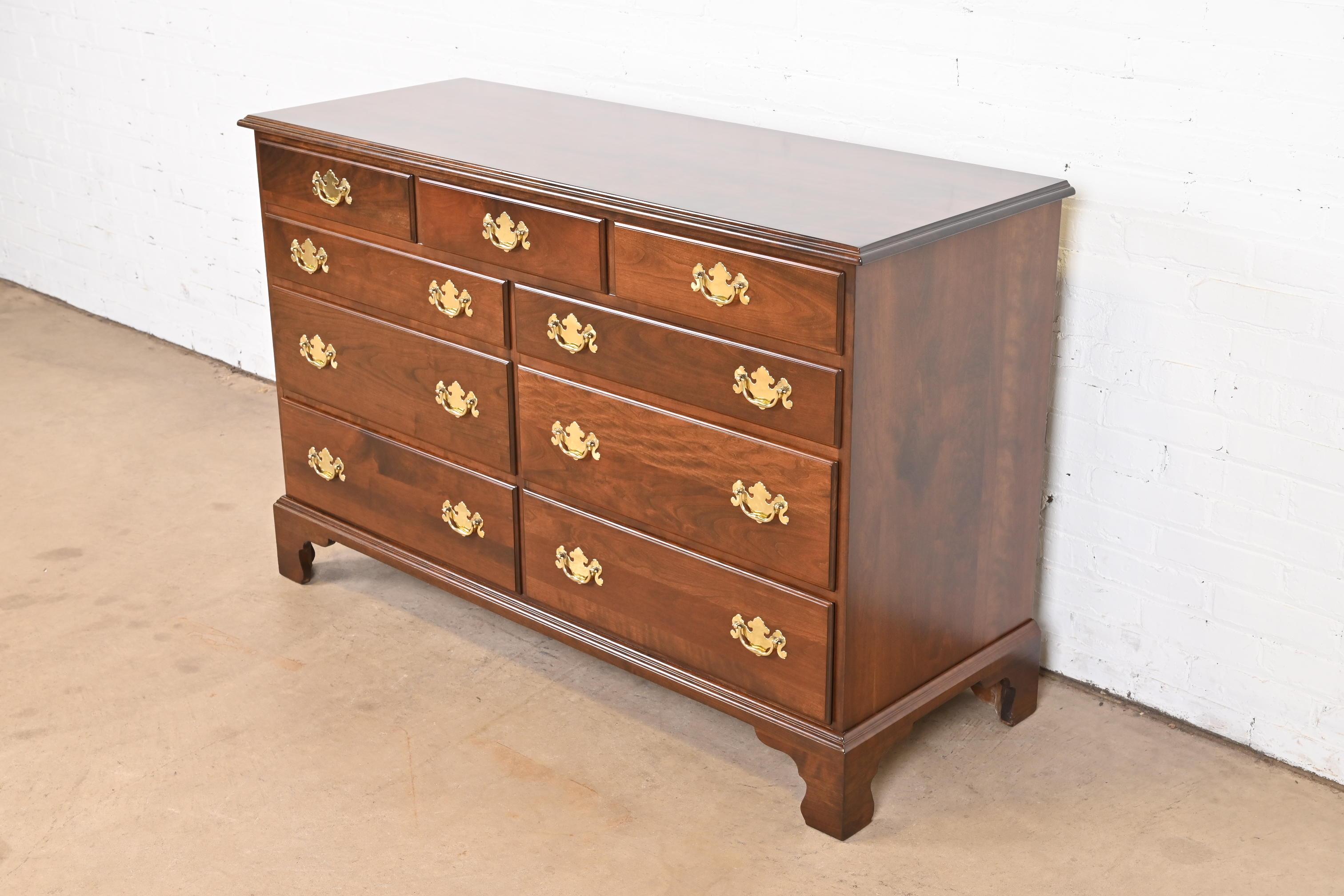 Brass Henkel Harris American Chippendale Solid Cherry Wood Dresser, Newly Refinished For Sale
