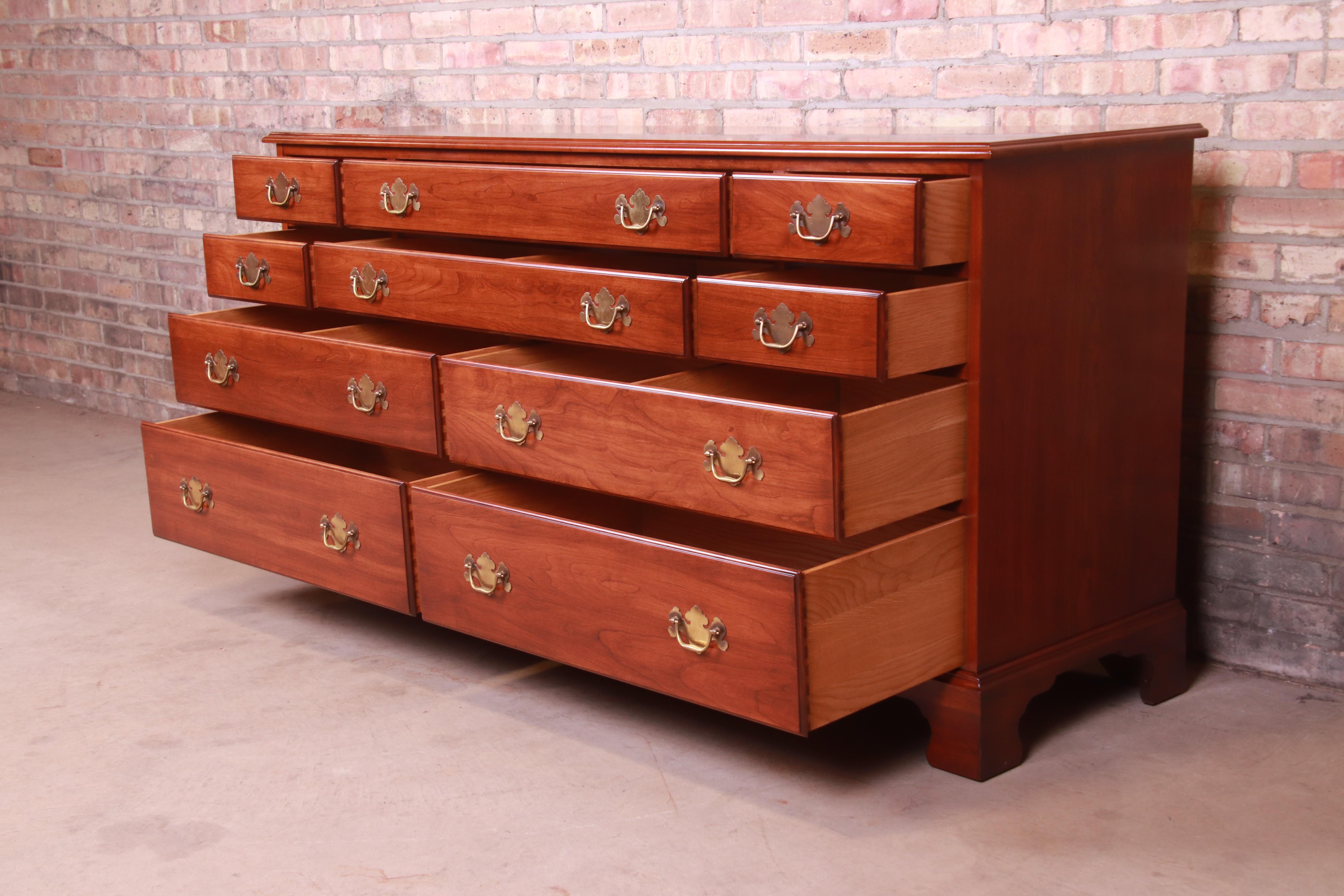 Brass Henkel Harris American Chippendale Solid Cherrywood Dresser, Newly Refinished