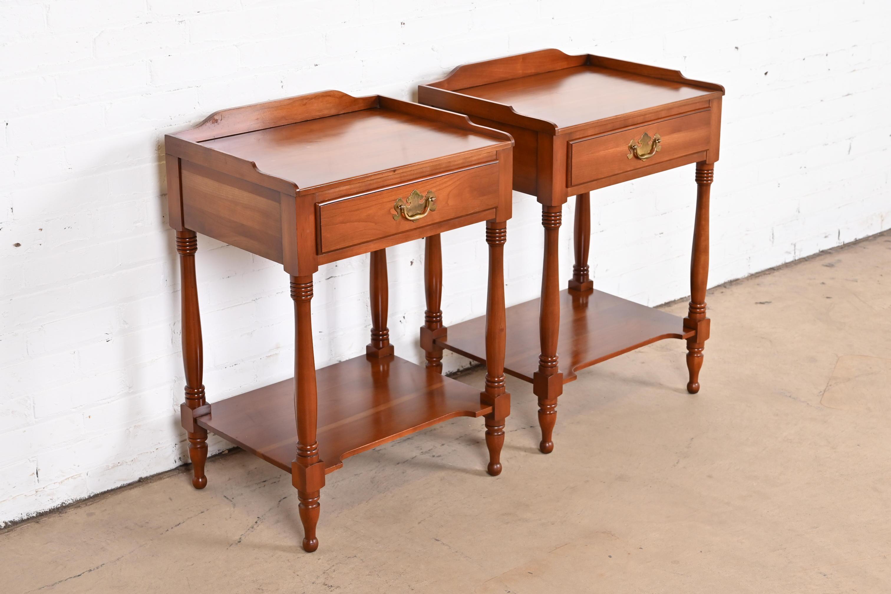 Brass Henkel Harris American Colonial Cherry Wood Nightstands, Pair