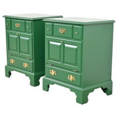 Henkel Harris American Colonial Green Lacquered Solid Cherry Wood Bedside Chests