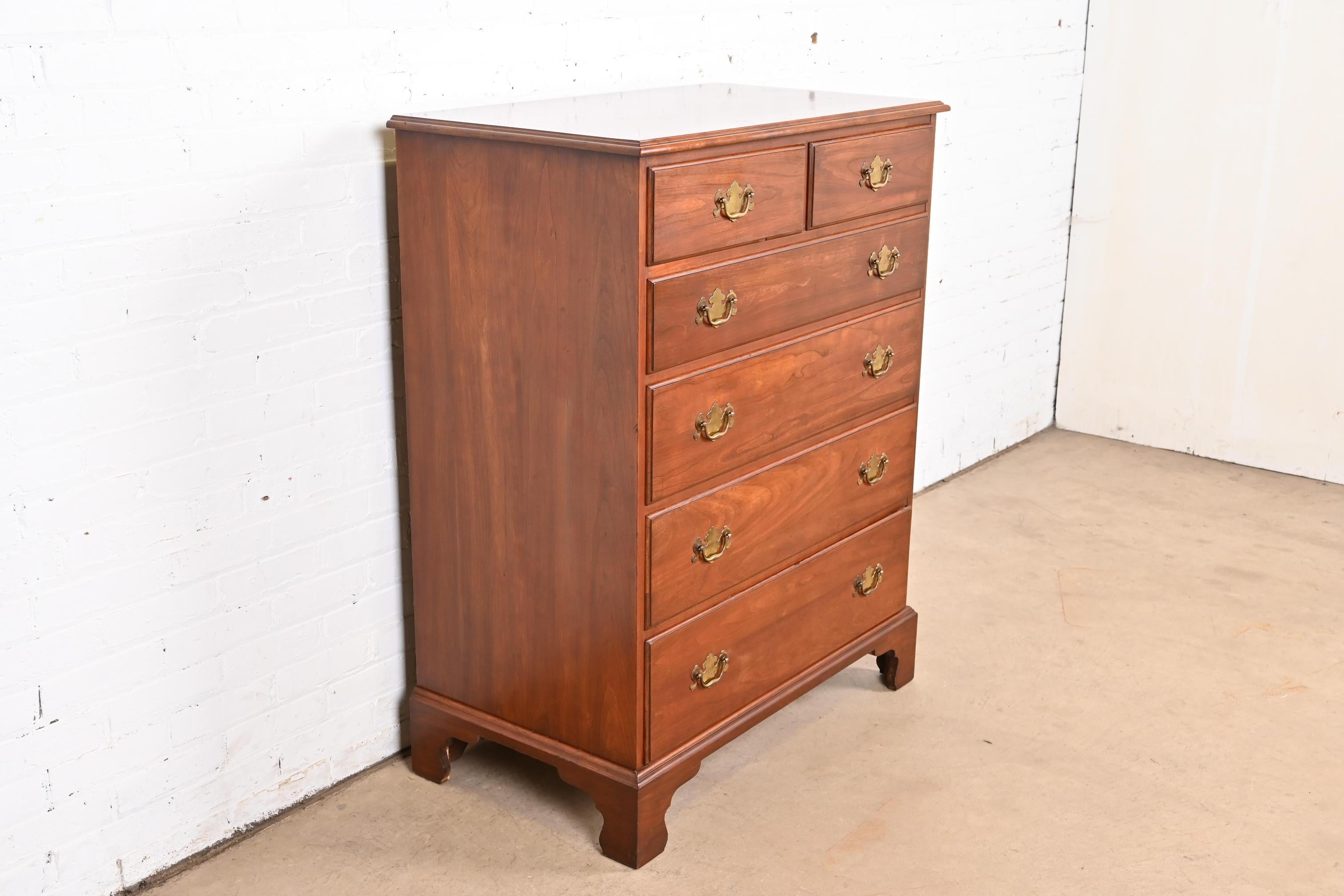 Late 20th Century Henkel Harris American Colonial Solid Cherry Wood Highboy Dresser For Sale