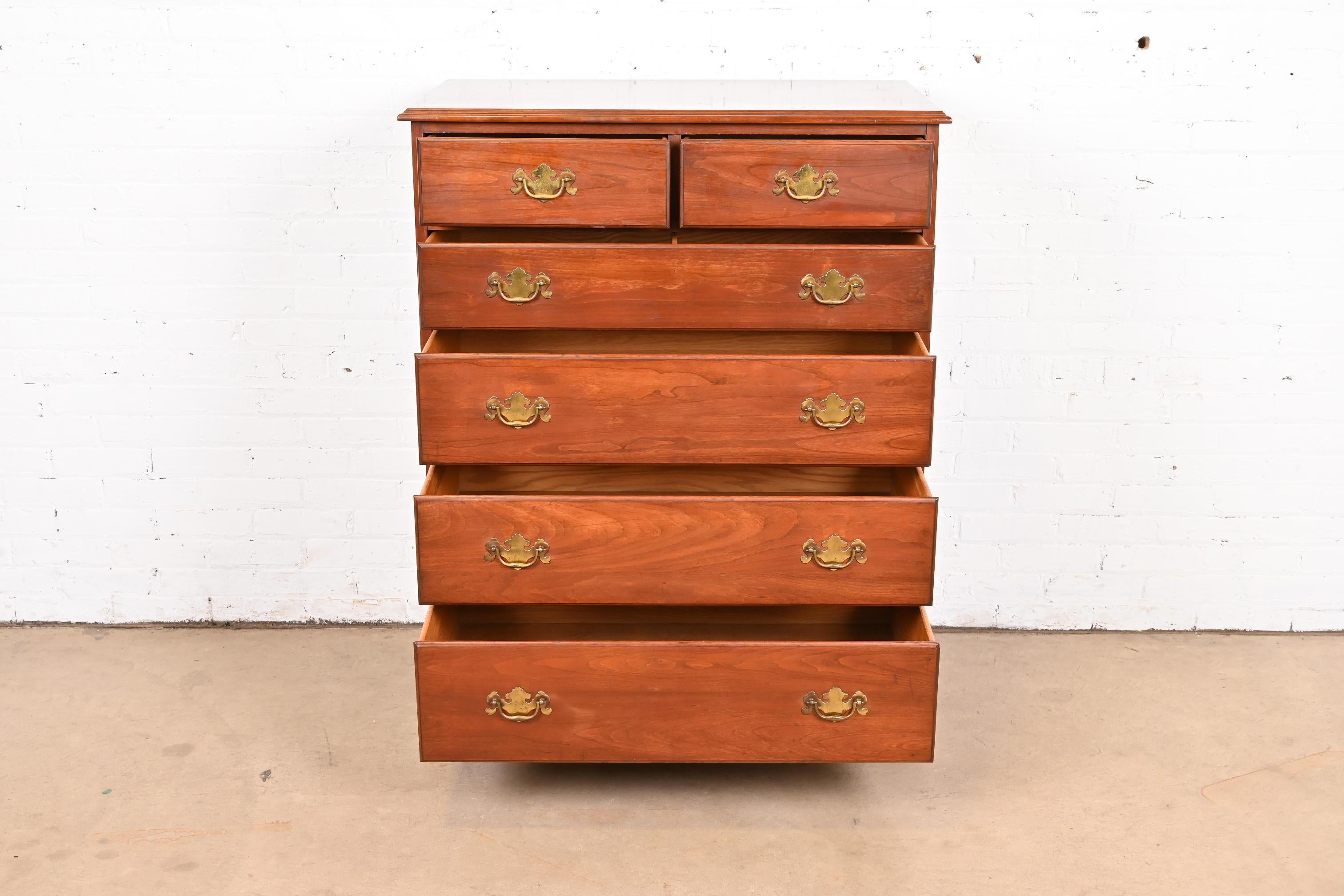 Brass Henkel Harris American Colonial Solid Cherry Wood Highboy Dresser For Sale