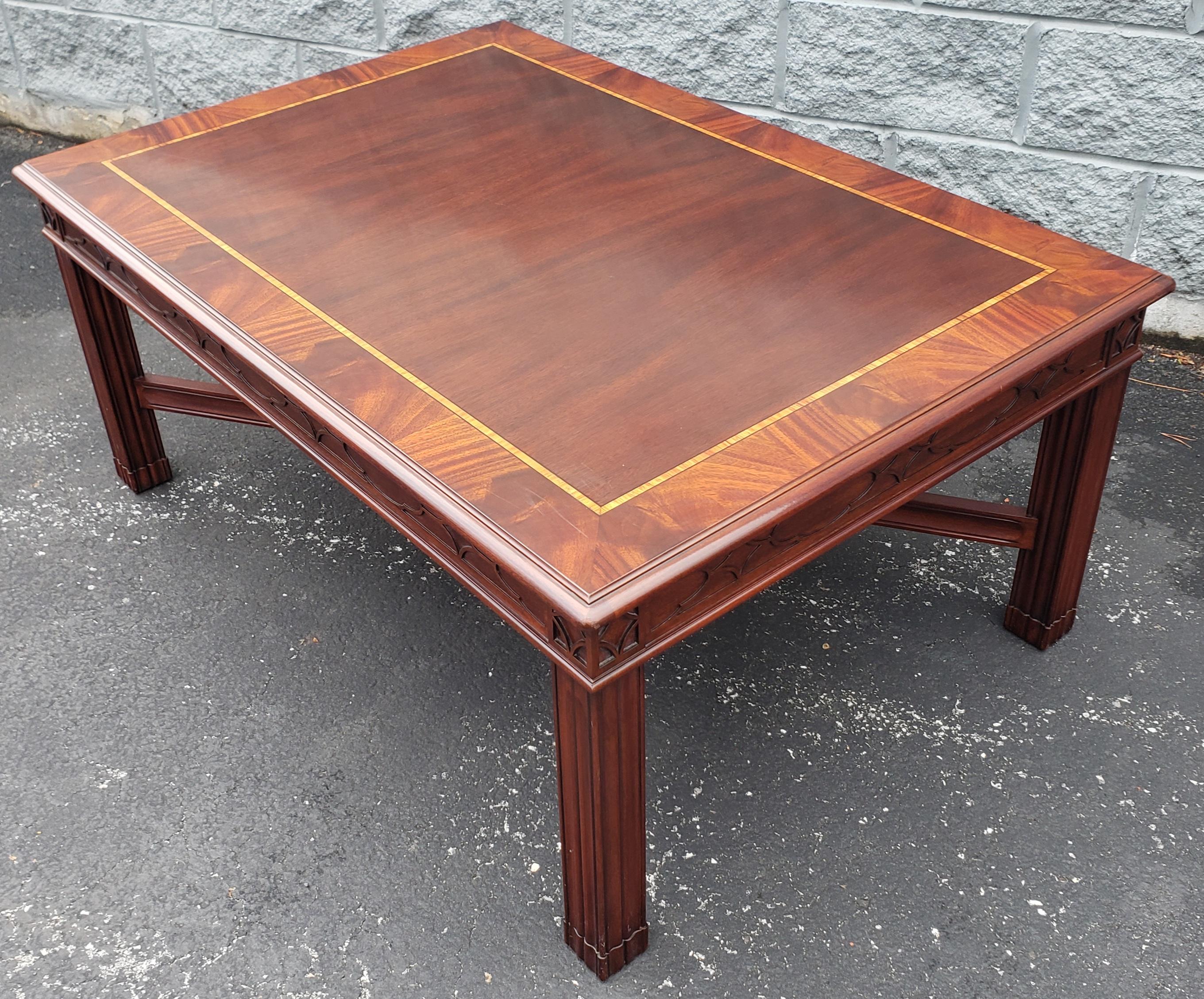Modern Henkel Harris Banded Flame Mahogany and Tulipwood Inlay Coffee Table w/ Fretwork For Sale