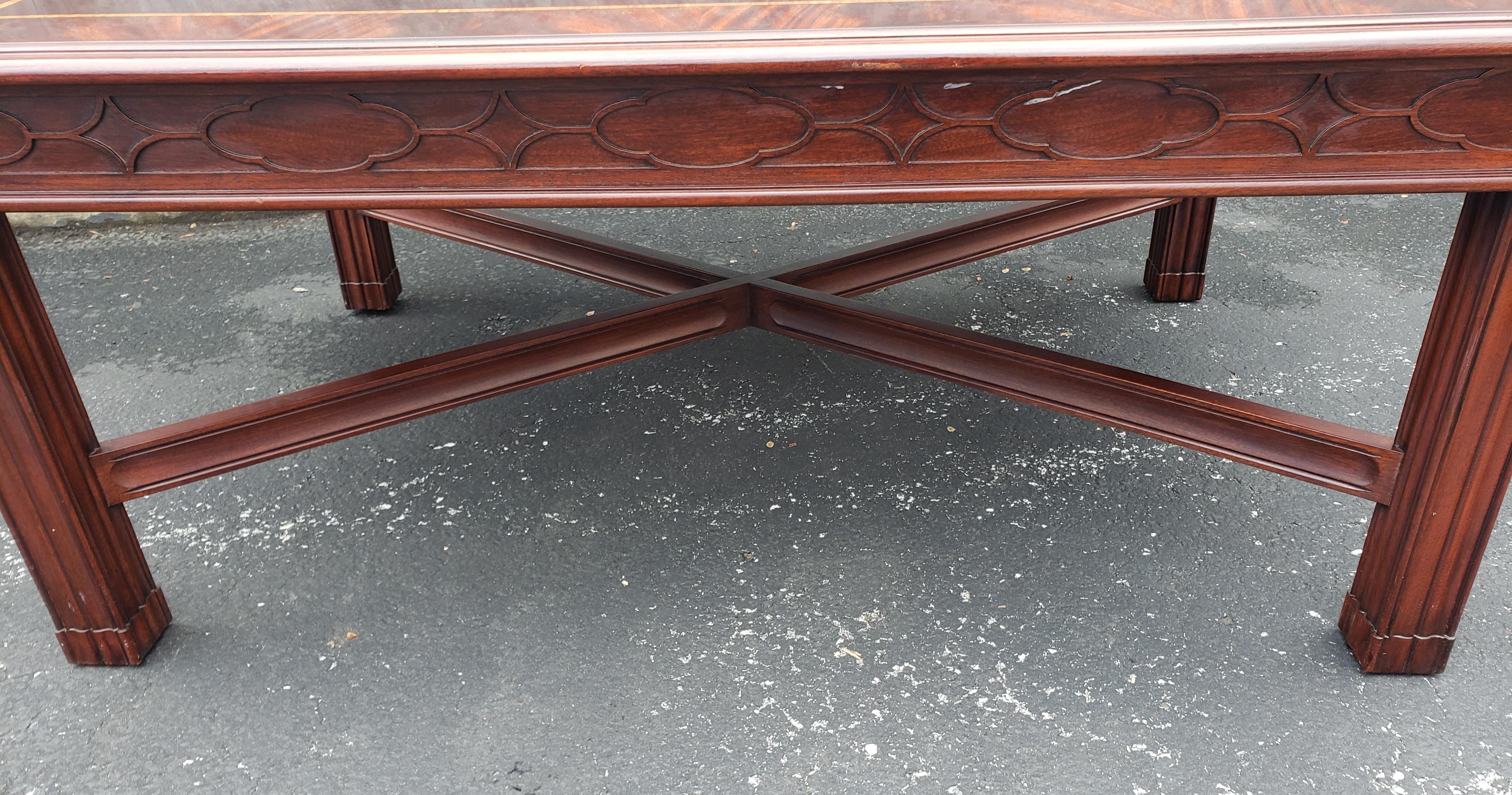 Henkel Harris Banded Flame Mahogany and Tulipwood Inlay Coffee Table w/ Fretwork For Sale 1