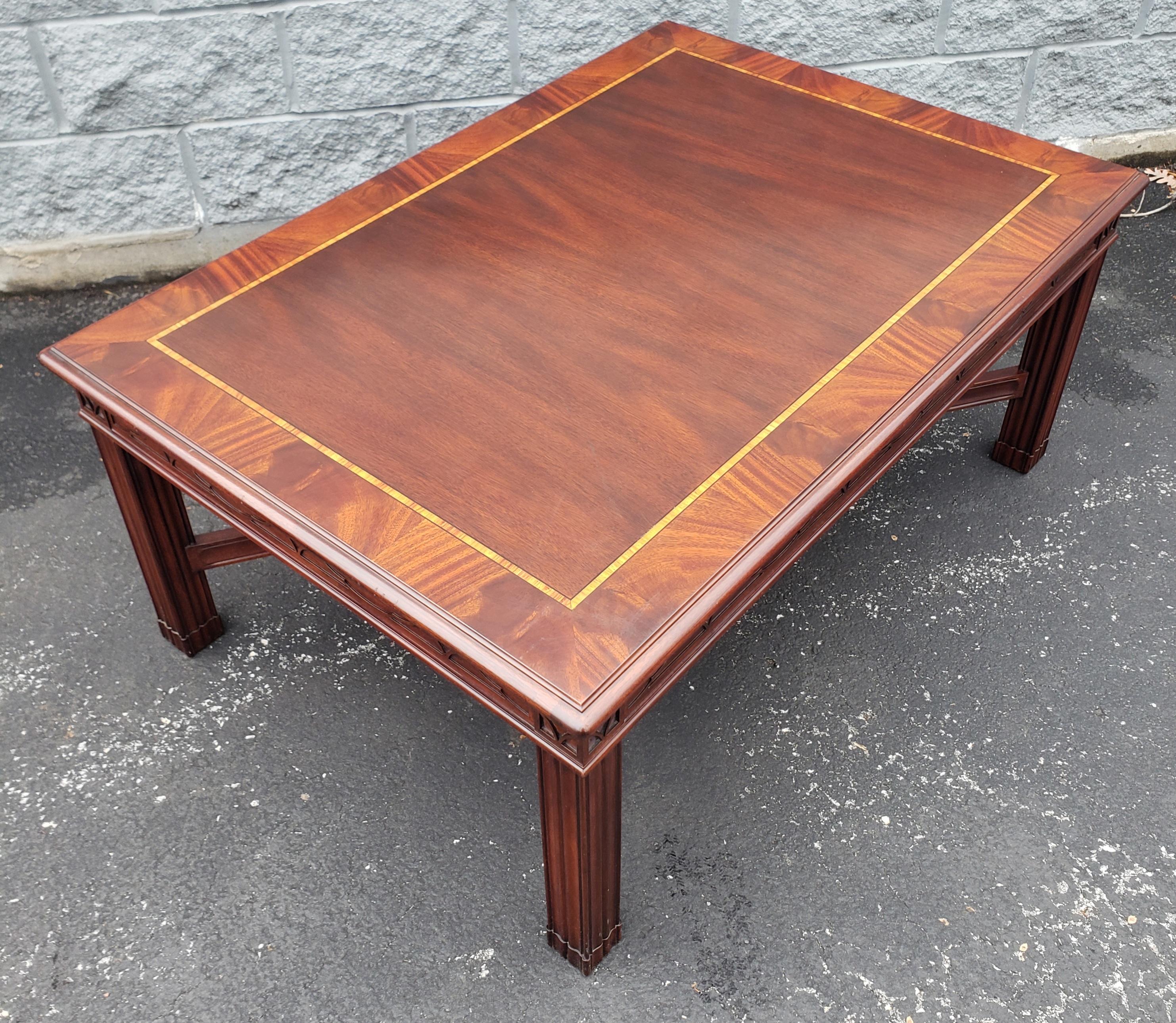 Henkel Harris Banded Flame Mahogany and Tulipwood Inlay Coffee Table w/ Fretwork 1