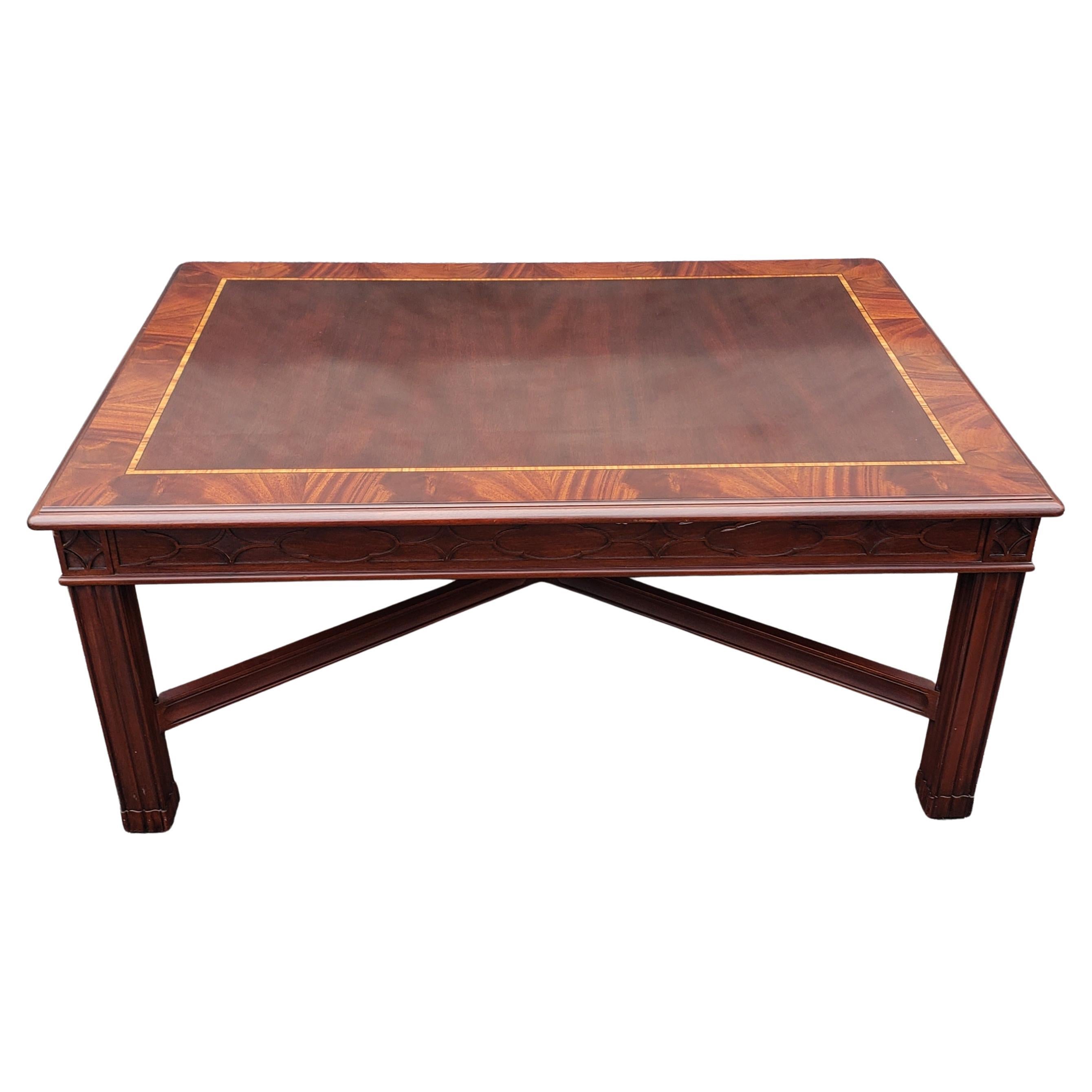 Henkel Harris Banded Flame Mahogany and Tulipwood Inlay Coffee Table w/ Fretwork For Sale