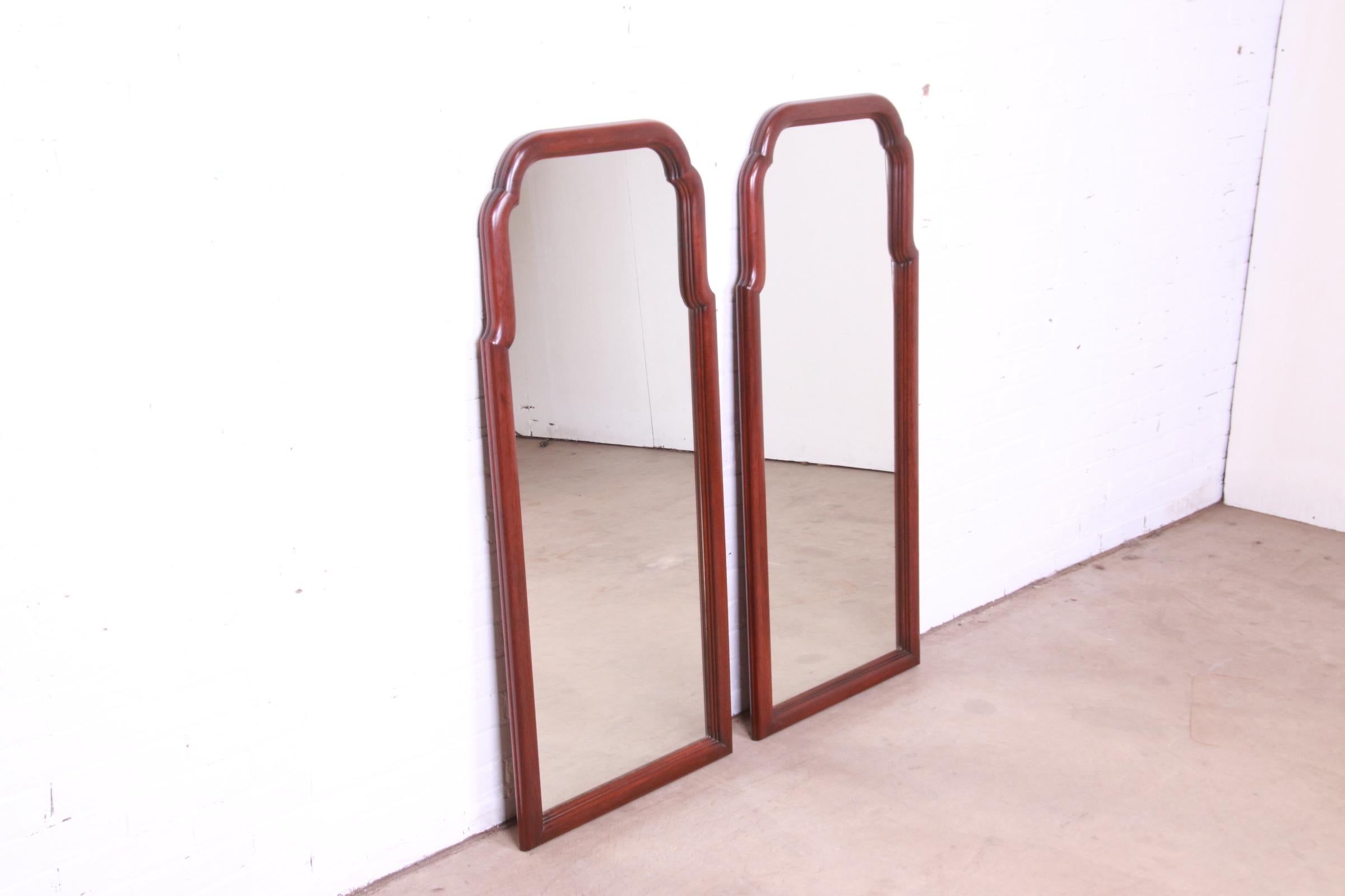 American Colonial Henkel Harris Carved Mahogany Framed Tall Mirrors, Pair