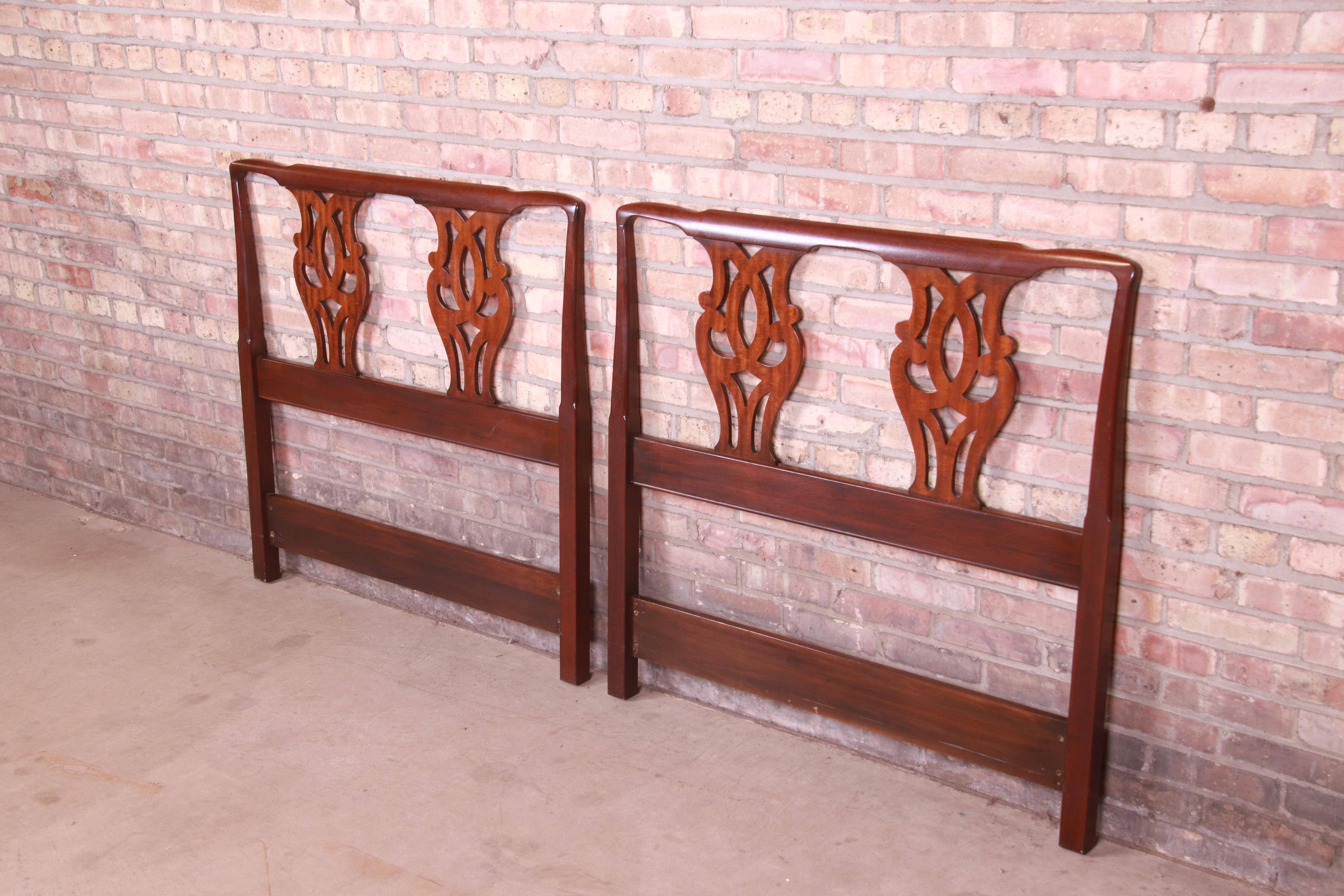American Henkel Harris Chippendale Carved Mahogany Twin Headboards, Pair