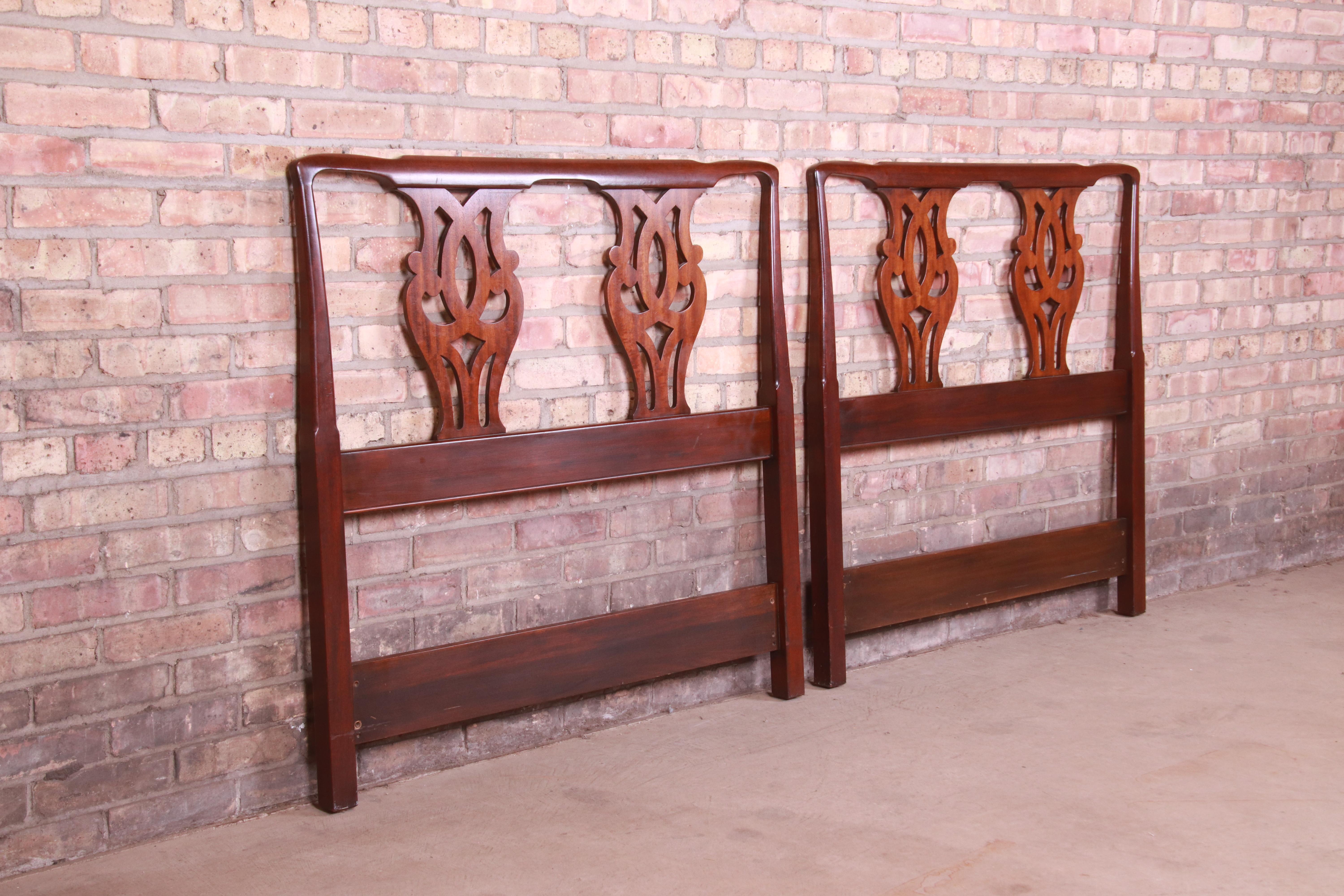 Late 20th Century Henkel Harris Chippendale Carved Mahogany Twin Headboards, Pair