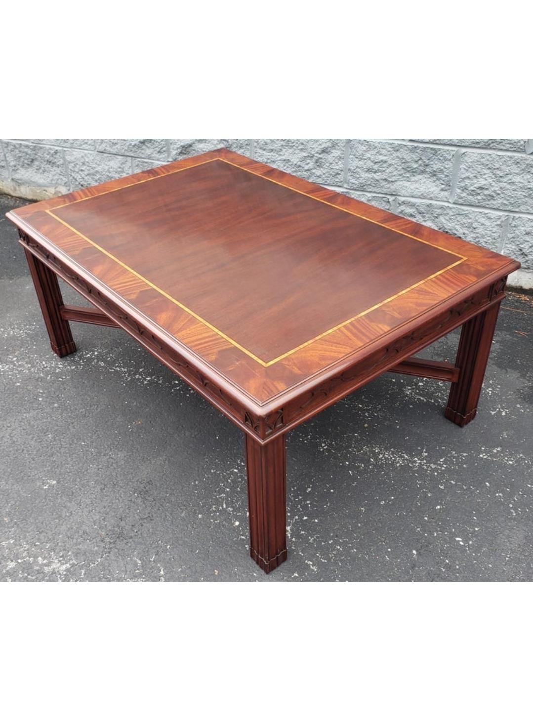 Modern Henkel Harris Chippendale Mahogany and Tulipwood Inlay Coffee Table w/ Fretwork For Sale
