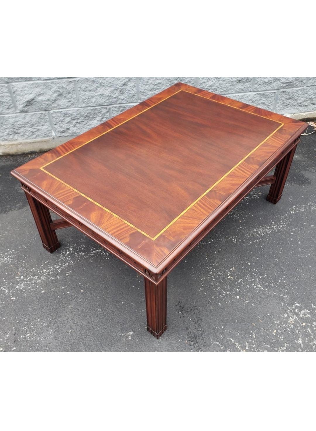 American Henkel Harris Chippendale Mahogany and Tulipwood Inlay Coffee Table w/ Fretwork For Sale