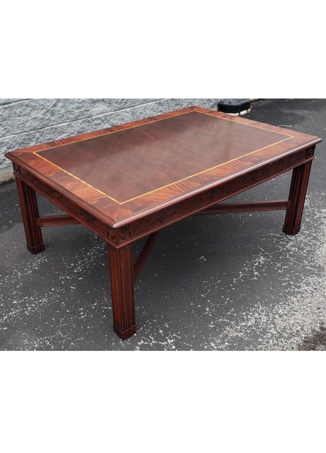Contemporary Henkel Harris Chippendale Mahogany and Tulipwood Inlay Coffee Table w/ Fretwork For Sale