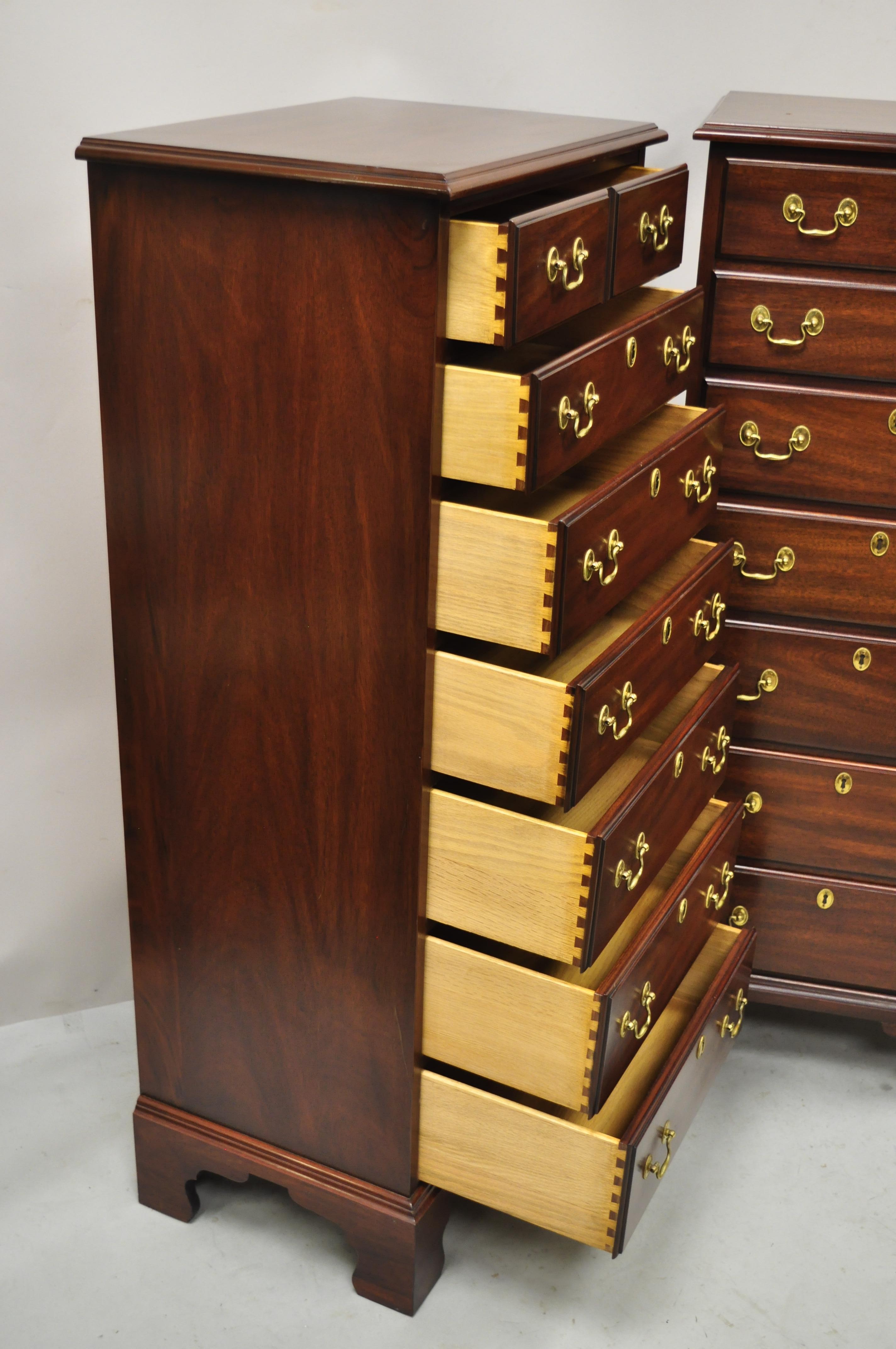 Brass Henkel Harris Chippendale Solid Mahogany 7 Drawer Lingerie Tall Chest - a Pair