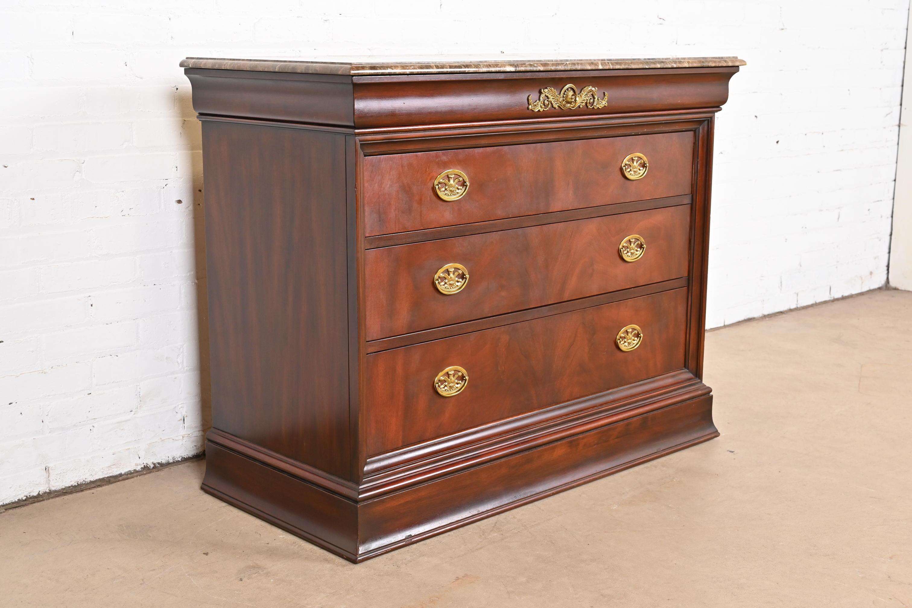Henkel Harris French Empire Louis Philippe Flame Mahogany Marble Top Dresser In Good Condition For Sale In South Bend, IN