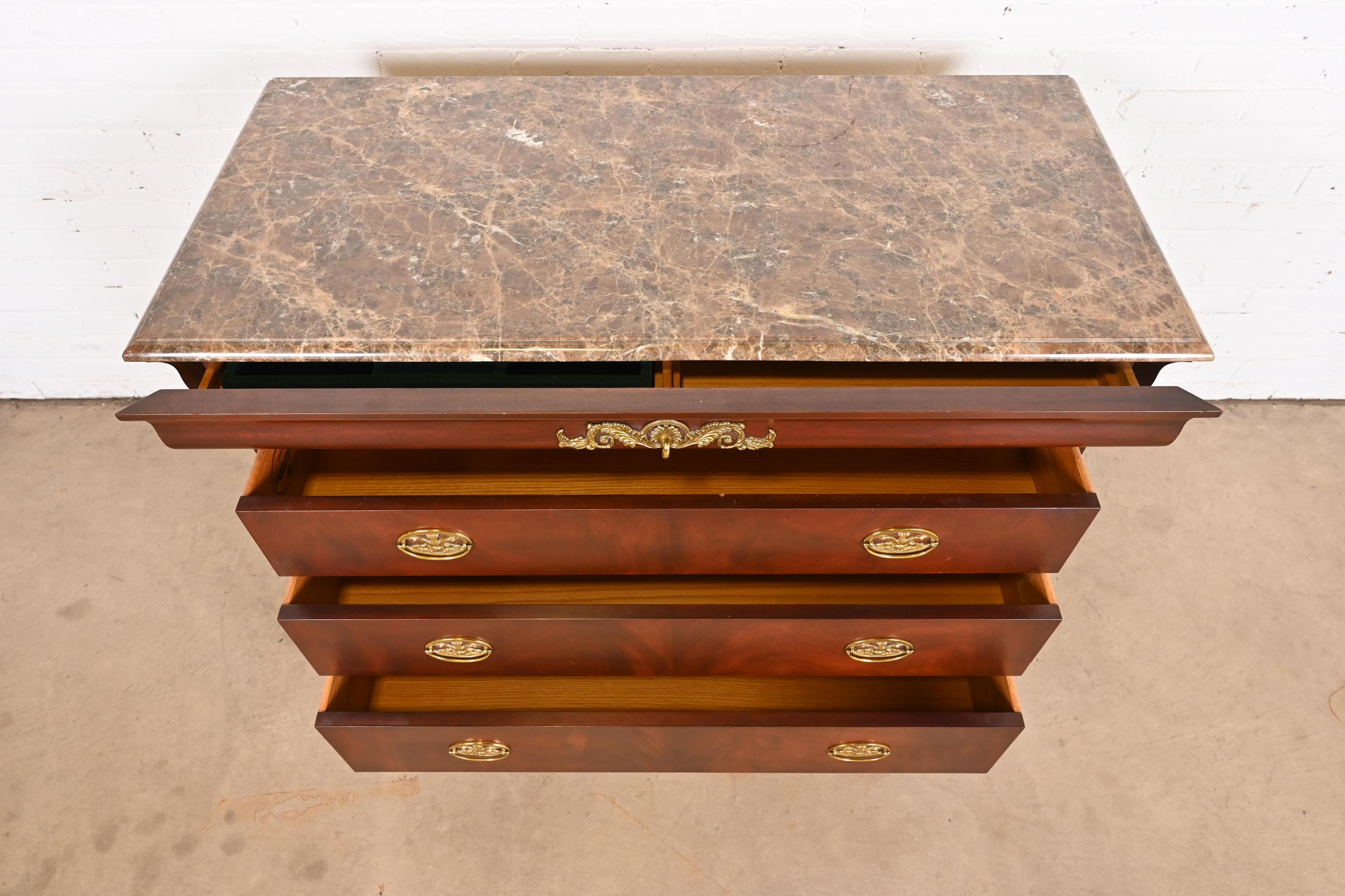 Late 20th Century Henkel Harris French Empire Louis Philippe Flame Mahogany Marble Top Dresser For Sale