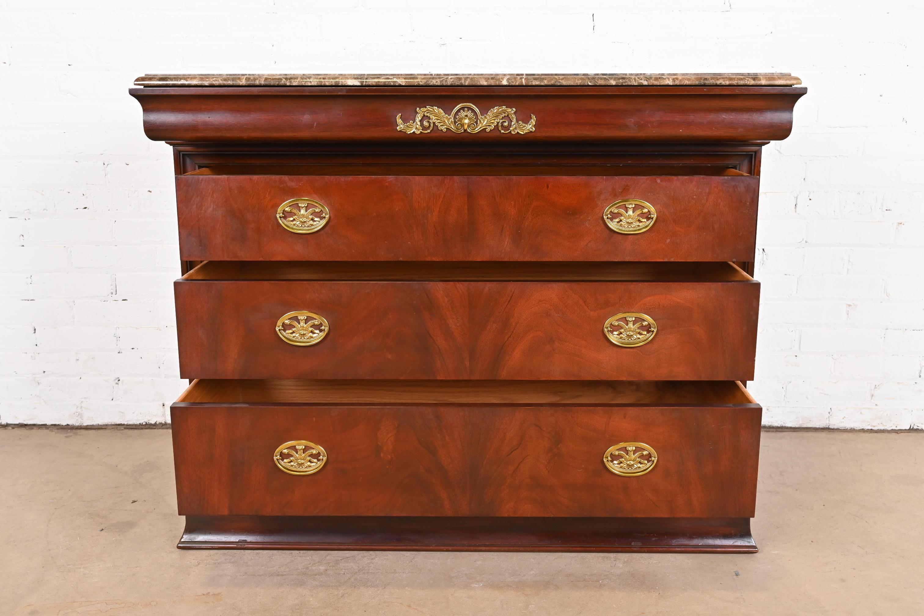 Brass Henkel Harris French Empire Louis Philippe Flame Mahogany Marble Top Dresser For Sale