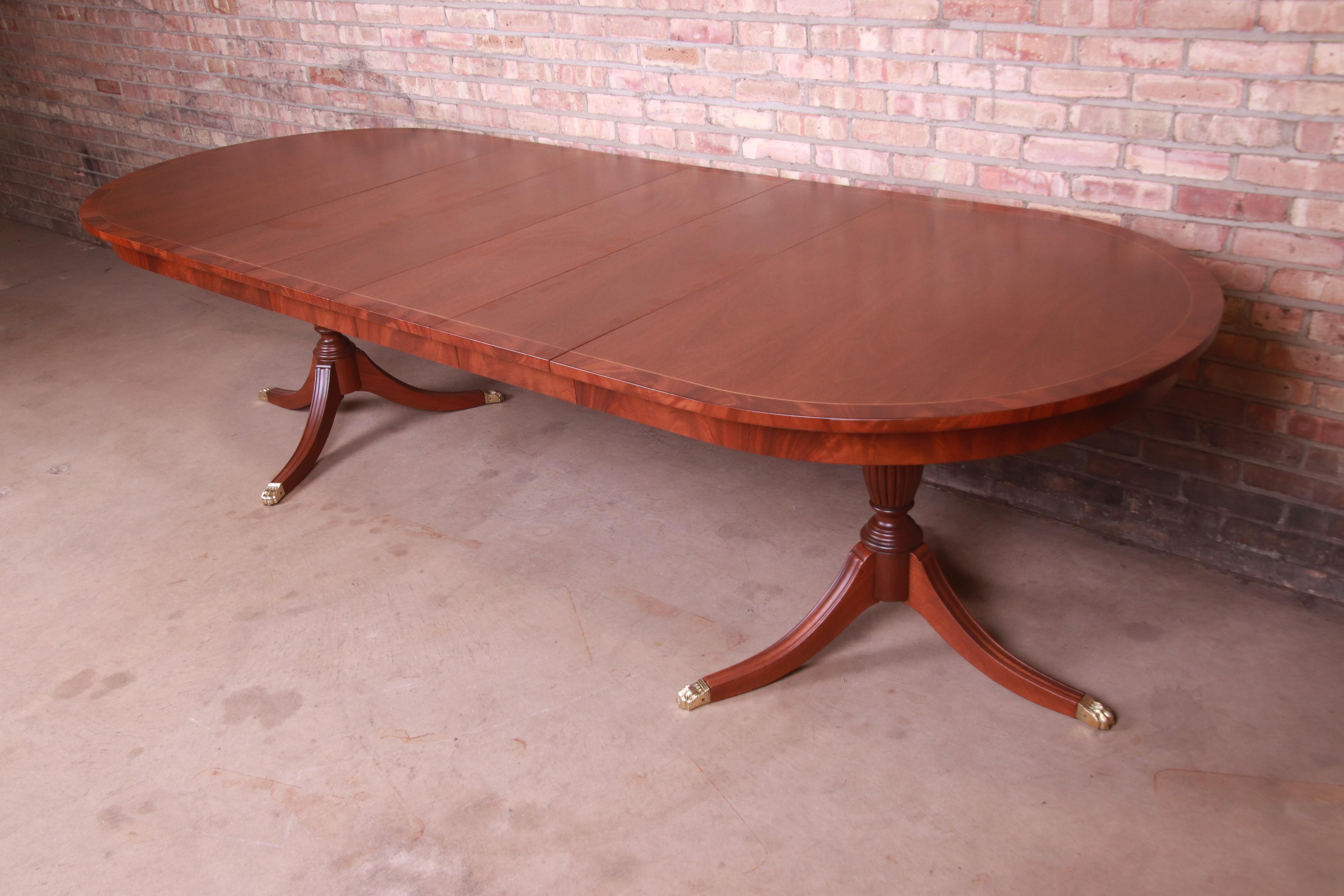 American Henkel Harris Georgian Banded Mahogany Double Pedestal Dining Table, Refinished