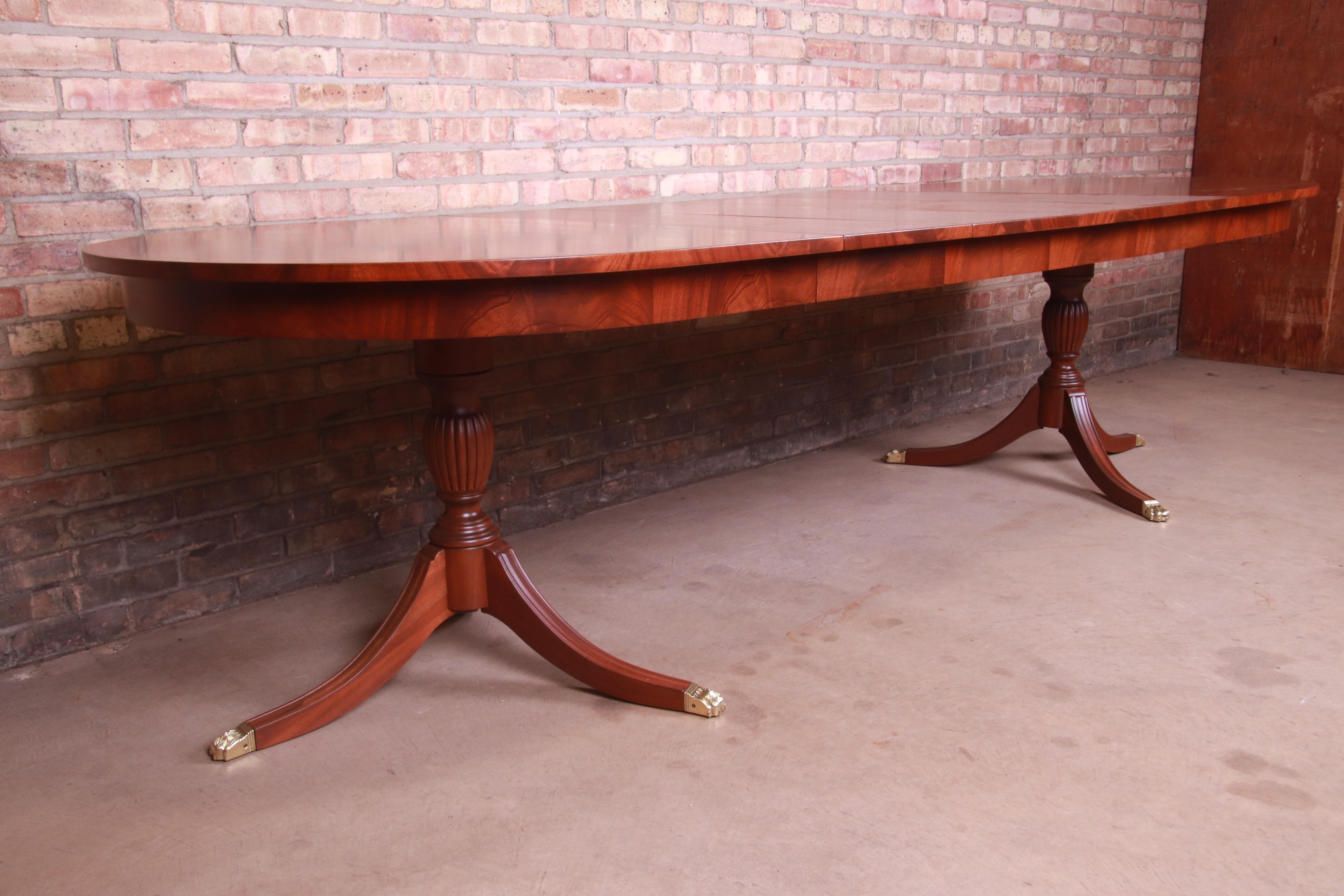 Brass Henkel Harris Georgian Banded Mahogany Double Pedestal Dining Table, Refinished