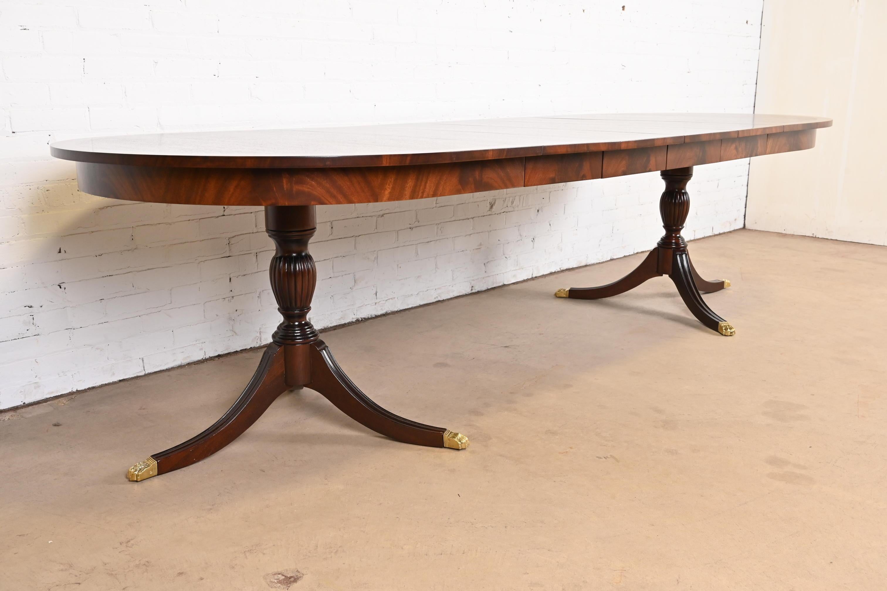 Brass Henkel Harris Georgian Banded Mahogany Double Pedestal Dining Table, Refinished