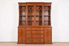 Henkel Harris Georgian Carved Flame Mahogany Lighted Breakfront Bookcase Cabinet