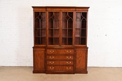 Henkel Harris Georgian Carved Mahogany Lighted Breakfront Bookcase Cabinet