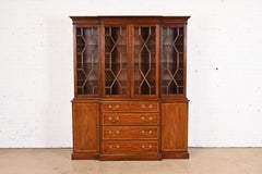 Henkel Harris Georgian Carved Mahogany Lighted Breakfront Bookcase Cabinet