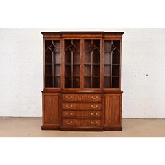 Henkel Harris Georgian Carved Mahogany Lighted Breakfront Bookcase Cabinet