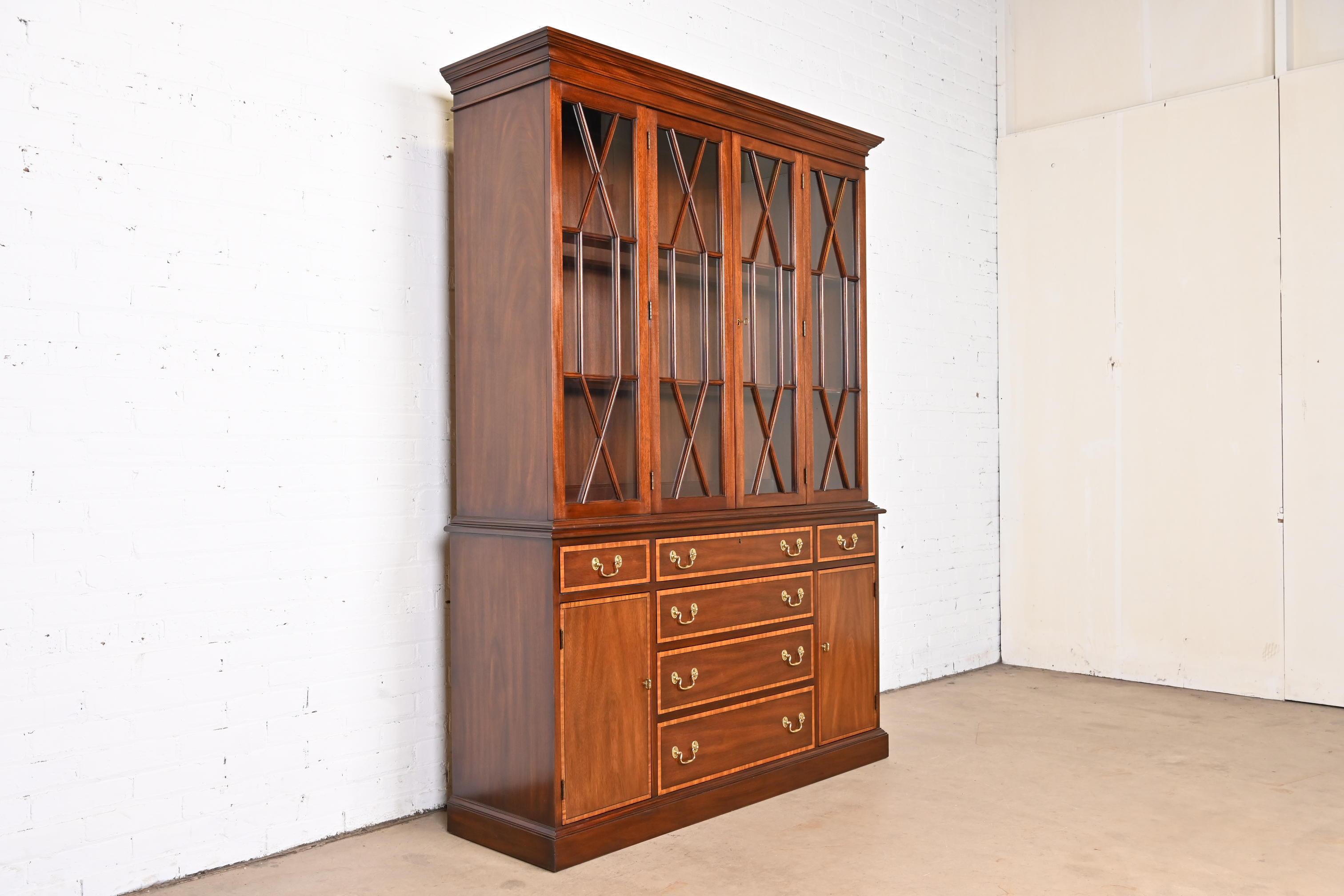 American Henkel Harris Georgian Carved Mahogany Lighted Breakfront Bookcase Cabinet For Sale