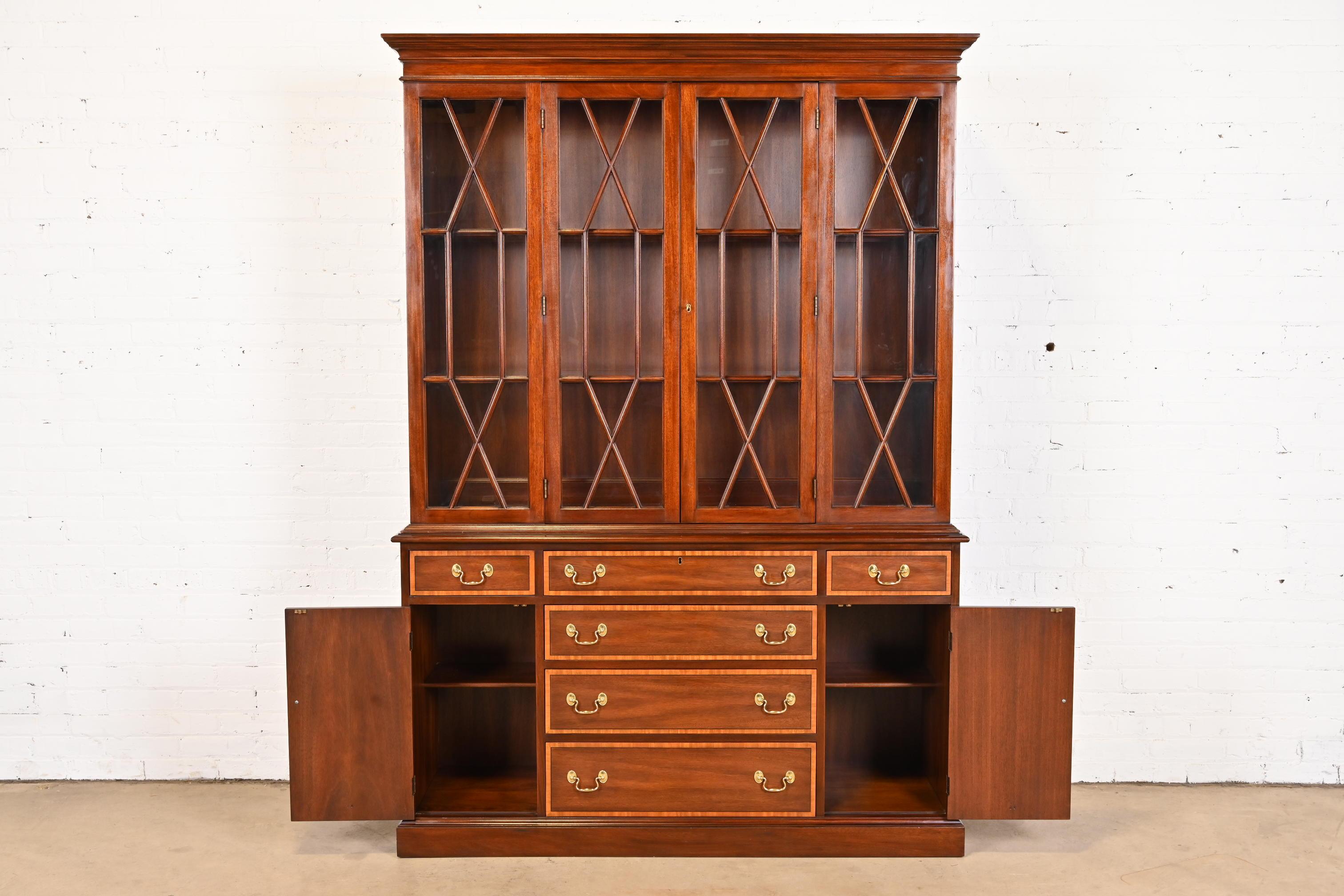 Brass Henkel Harris Georgian Carved Mahogany Lighted Breakfront Bookcase Cabinet For Sale