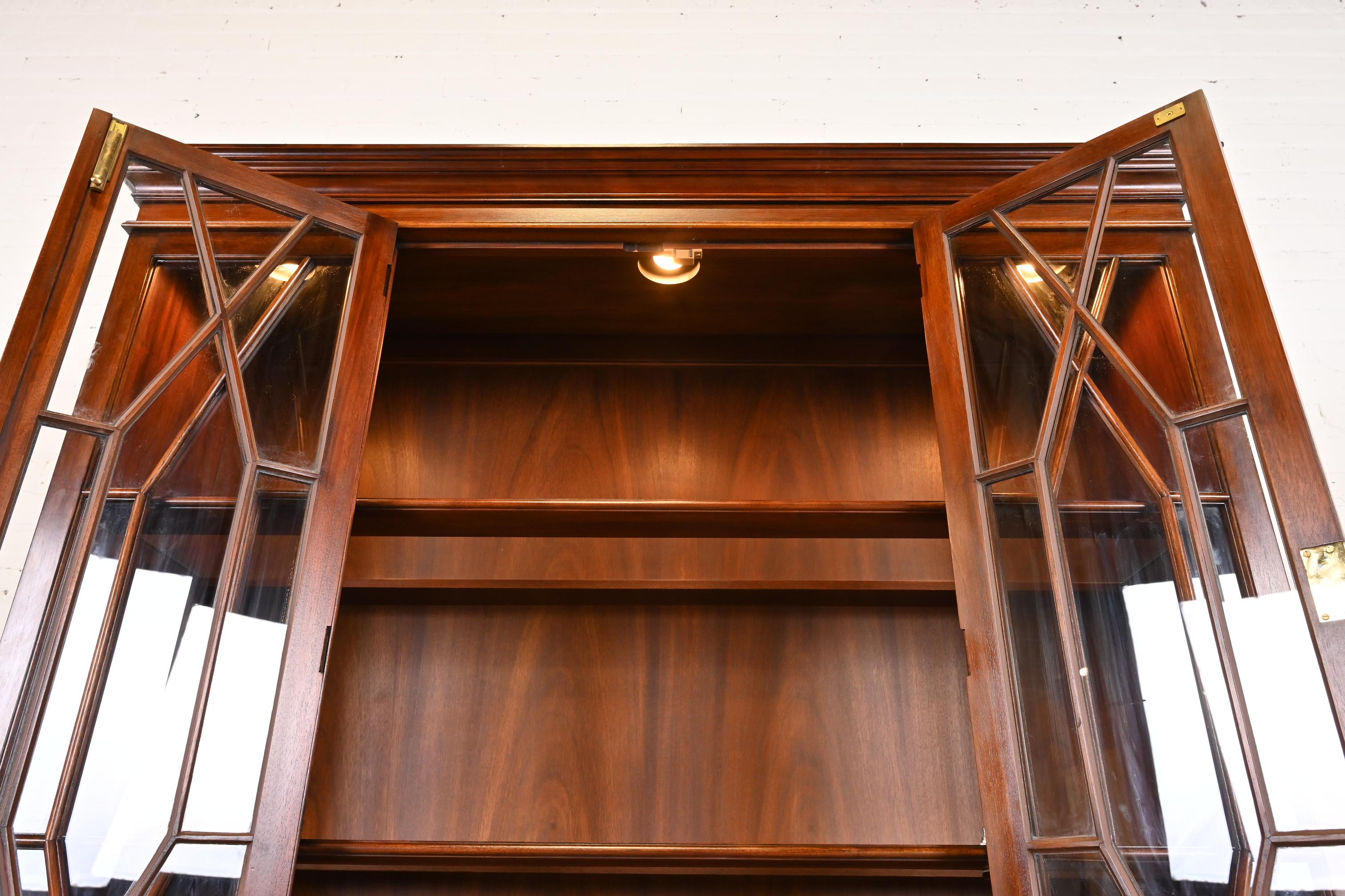 Brass Henkel Harris Georgian Carved Mahogany Lighted Breakfront Bookcase Cabinet