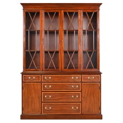 Henkel Harris Georgian Carved Mahogany Lighted Breakfront Bookcase Cabinet